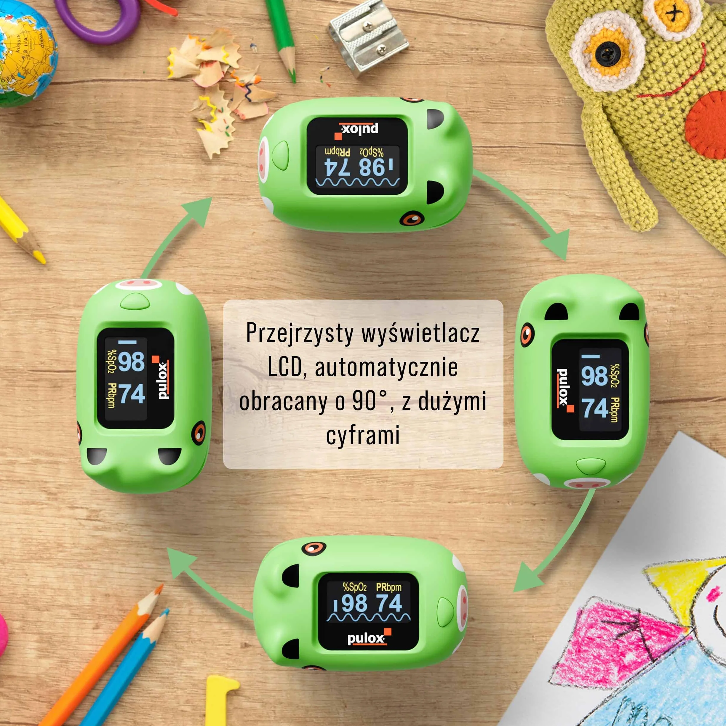 Pulox PO-230 Pulsoksymetr dla dzieci - W kolorze zielonym z naklejkami - Pomiar saturacji tlenem i tętna