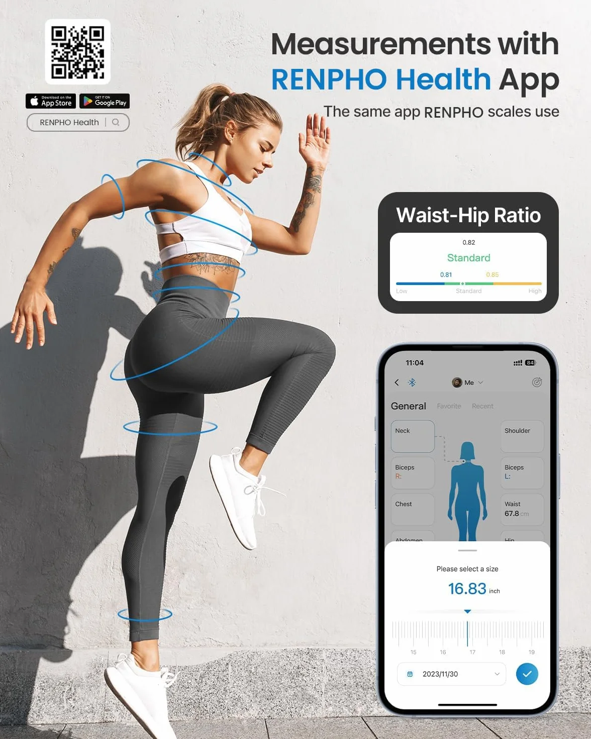 Miarka do Ciała, Cyfrowa Taśma Pomiarowa RENPHO Smart Bluetooth do Pomiaru Ciała, Utraty Wagi, Przyrostu Masy Mięśniowej, Kulturystyki Fitness, Chowania, Automatycznych Dokładnych Pomiarów Obwody Części Ciała