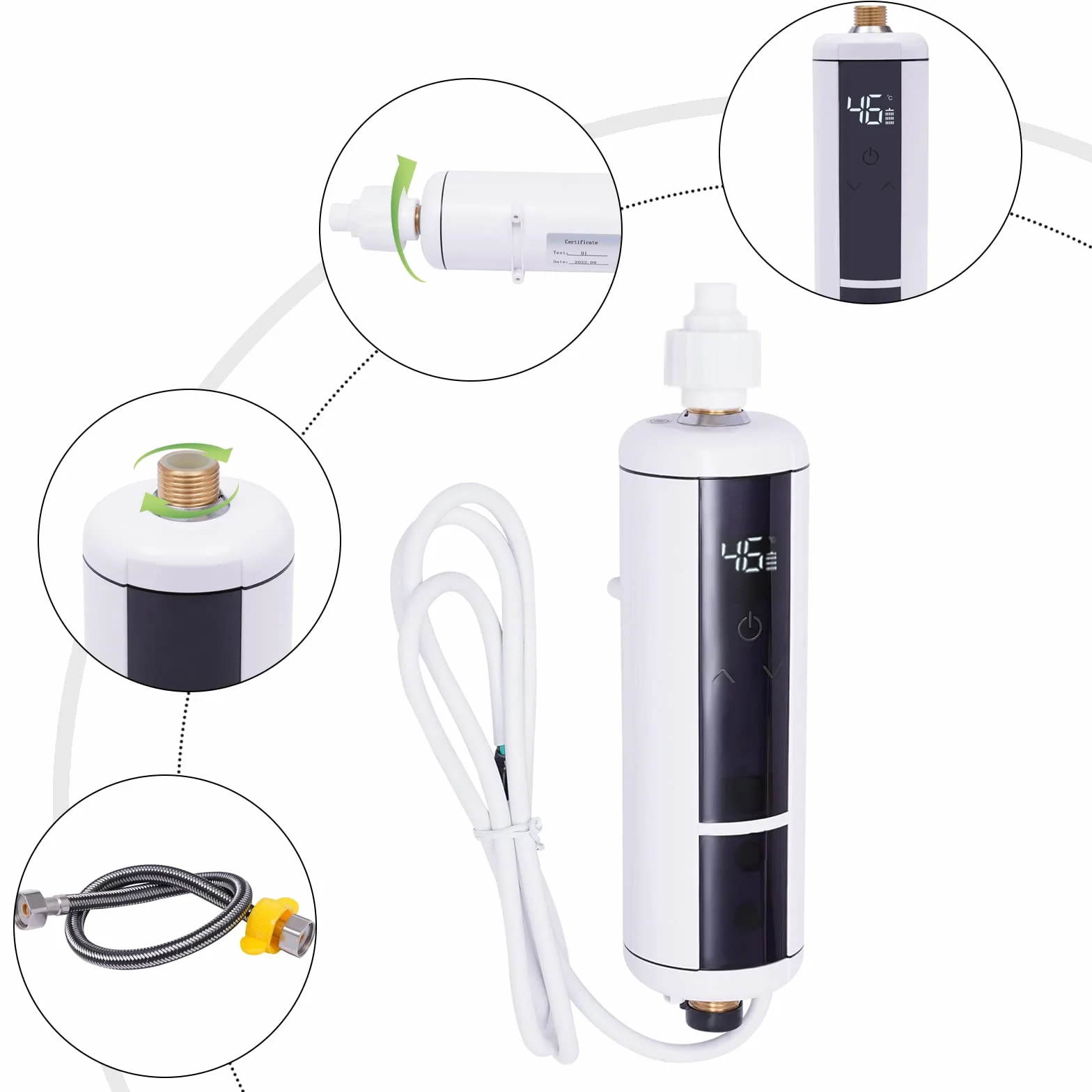 Mini podgrzewacz przepływowy, elektroniczny termostat, natychmiastowa gotowość do ciepłej wody 30-52℃, 3500 W, tworzywo ABS, ze wskaźnikiem temperatury LED, do łazienki, kuchni, biały
