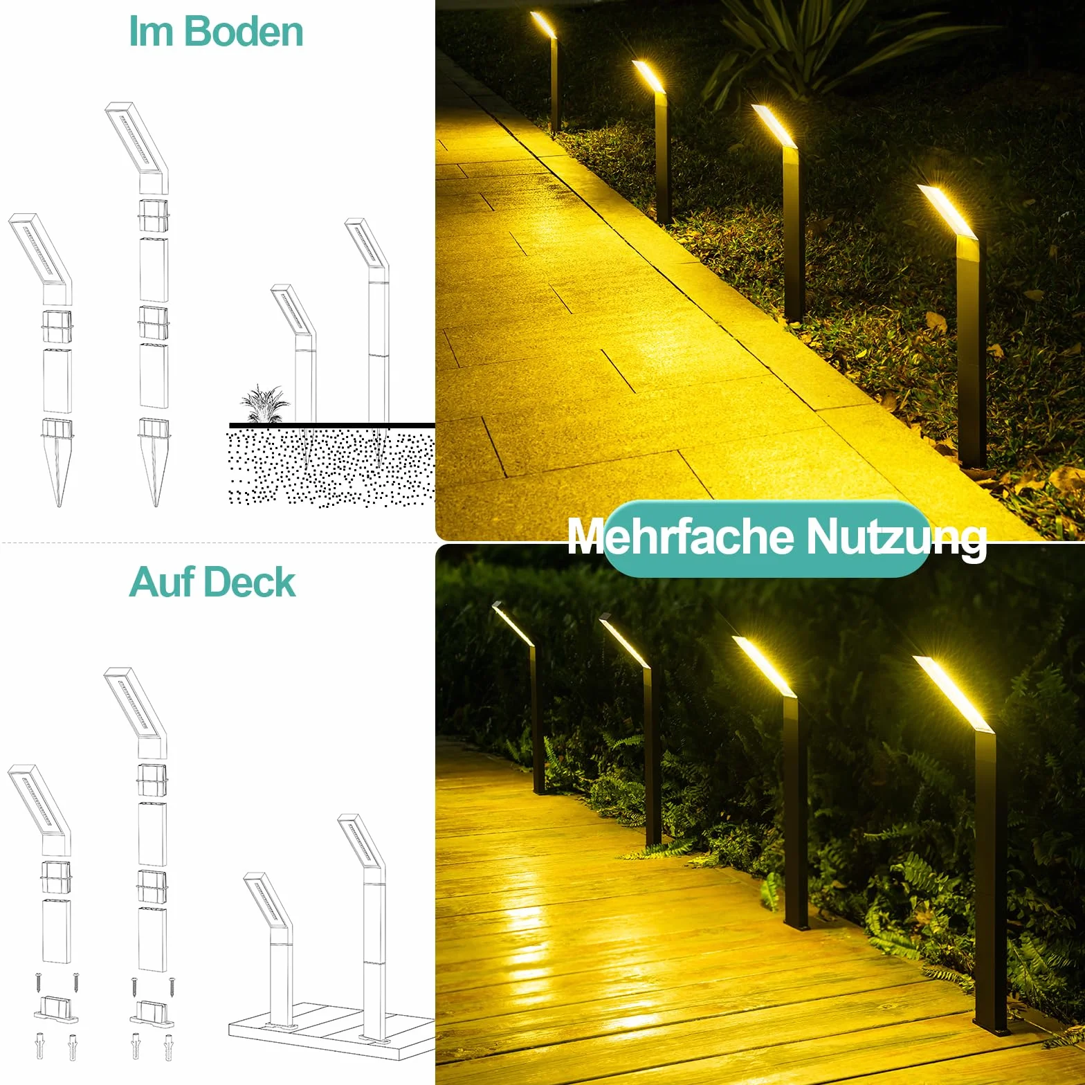 AGOTD Lampa solarna do ogrodu, 4 sztuki lamp solarnych z 3 trybami oświetlenia, oświetlenie drogi, wodoszczelność IP64, solarna lampa ogrodowa do ogrodu, na pokład, trawnik, podwórze, ścieżkę, wjazd