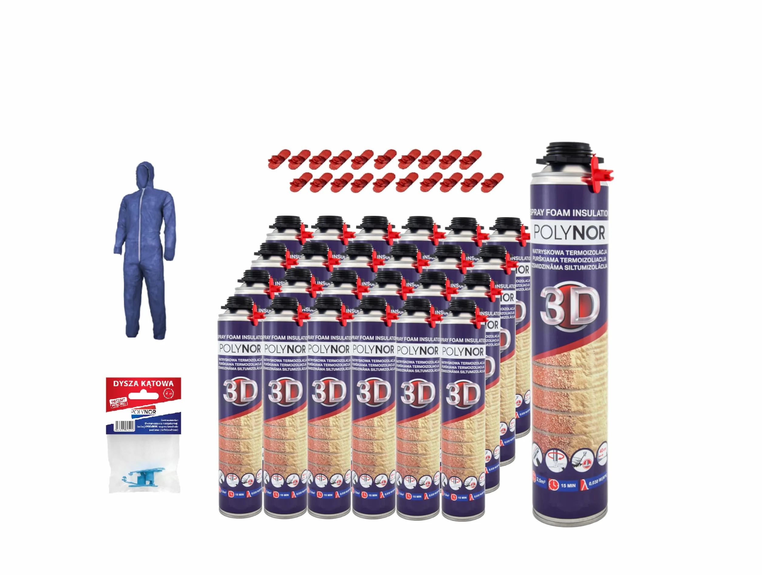 POLYNOR 3D Zestaw do izolacji natryskowej XXL - 2x850ml + akcesoria | natryskowa izolacja termiczna, pianka montażowa PUR, czyścik 500ml, pistolet standard, dysze kątowe, kombinezon