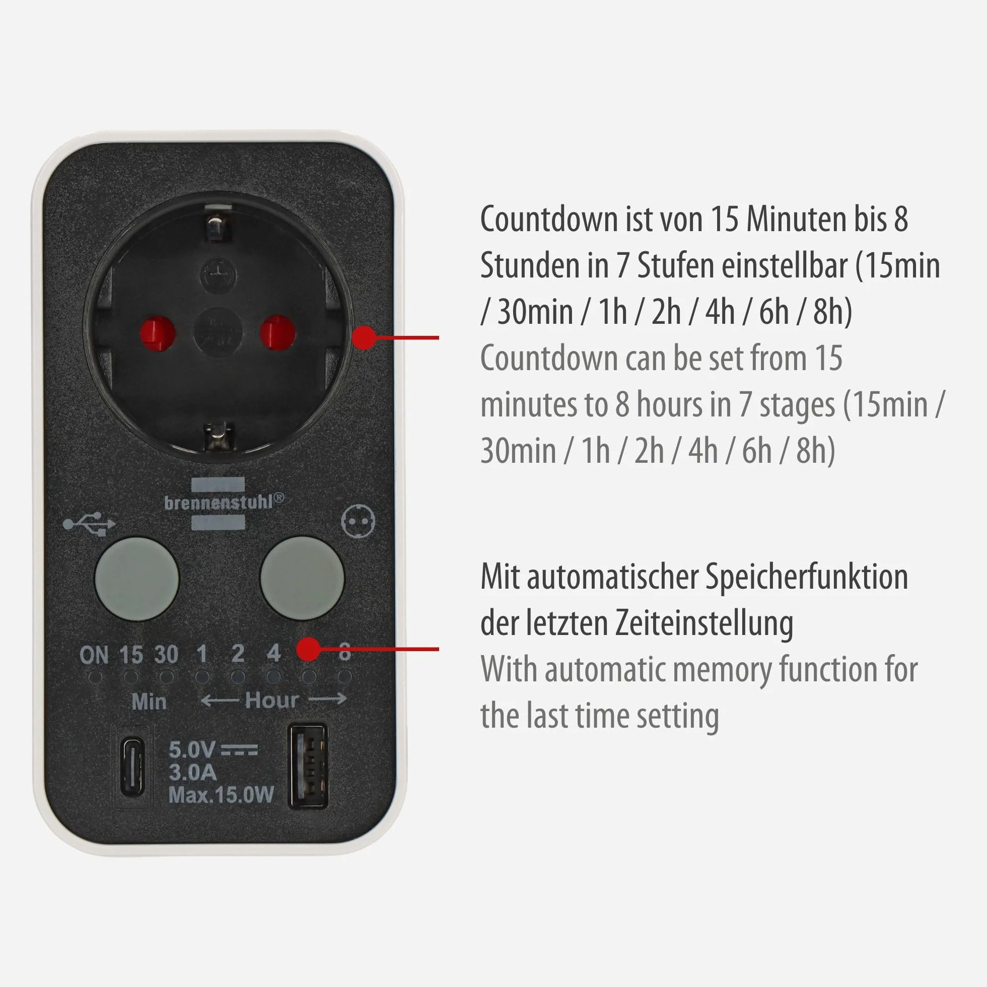 Brennenstuhl Cyfrowy timer z USB A i USB C