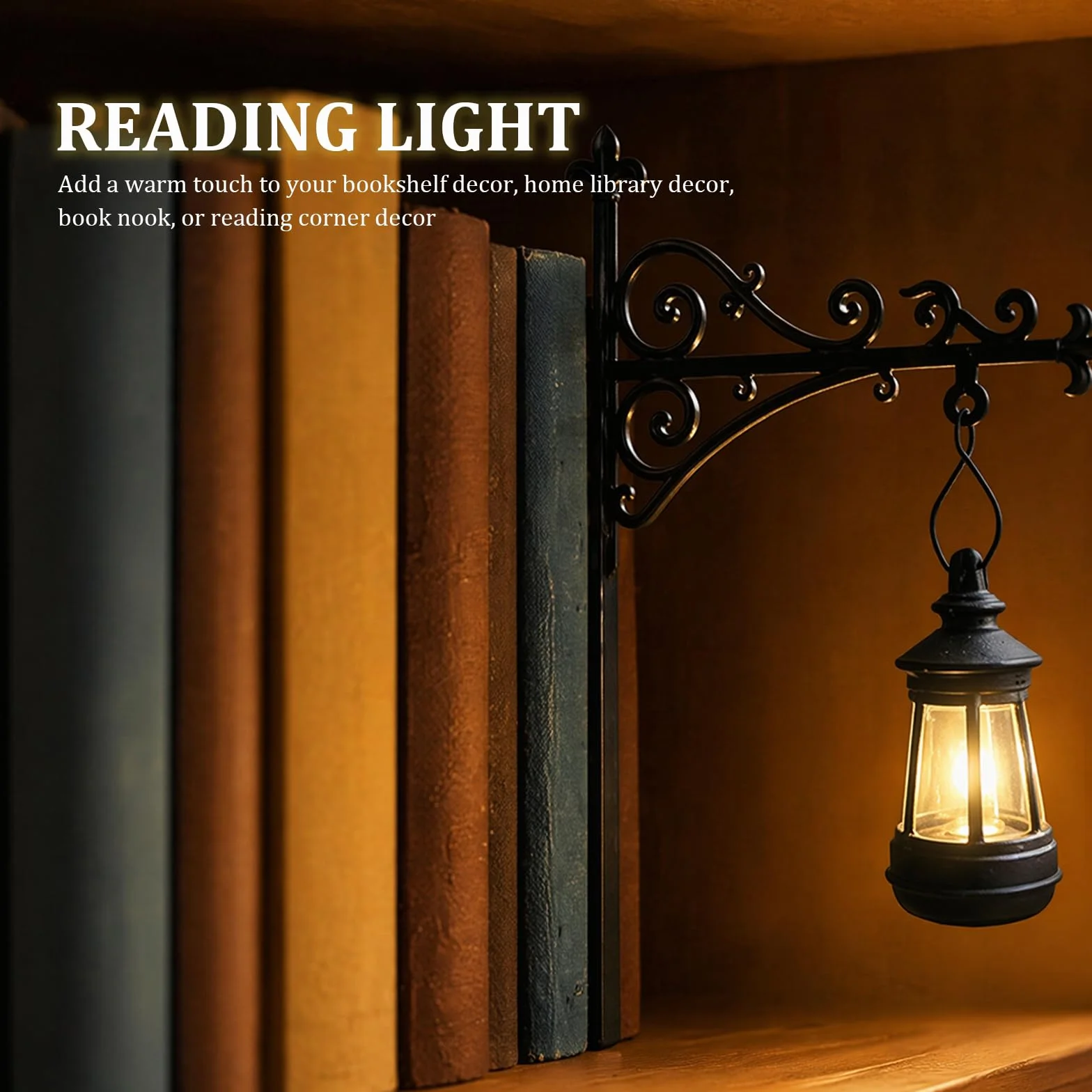 Latarnia biblioteczna – dekoracyjne oświetlenie regału na książki, lampka nocna LED do kącika do czytania, metalowe lampy do biblioteczki, oprawy oświetleniowe stołowe/biurkowe w stylu vintage