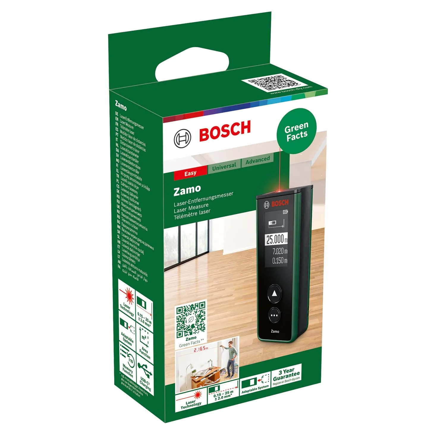 Bosch Dalmierz laserowy Zamo czwartej generacji (łatwe i precyzyjne pomiary do 25 m, akumulatorki ładowane przez złącze USB-C®,możliwość stosowania wraz z dodatkowymi adapterami, opakowanie kartonowe)