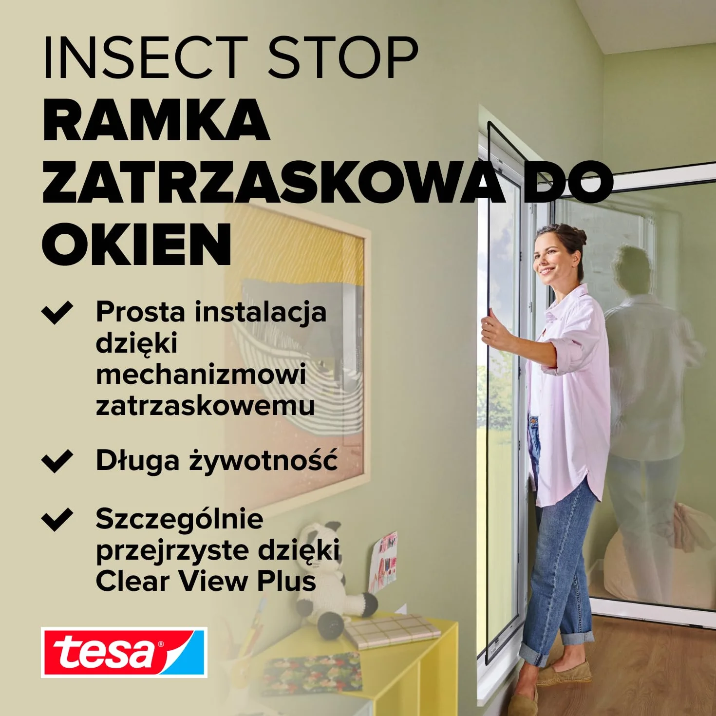 tesa Insect Stop Clip On - moskitiera zatrzaskowa okienna - rama docinana na wymiar, siatka z wytrzymałego włókna szklanego, samoprzylepne klipsy mocujące - 1,2 x 2,4 m - antracytowa
