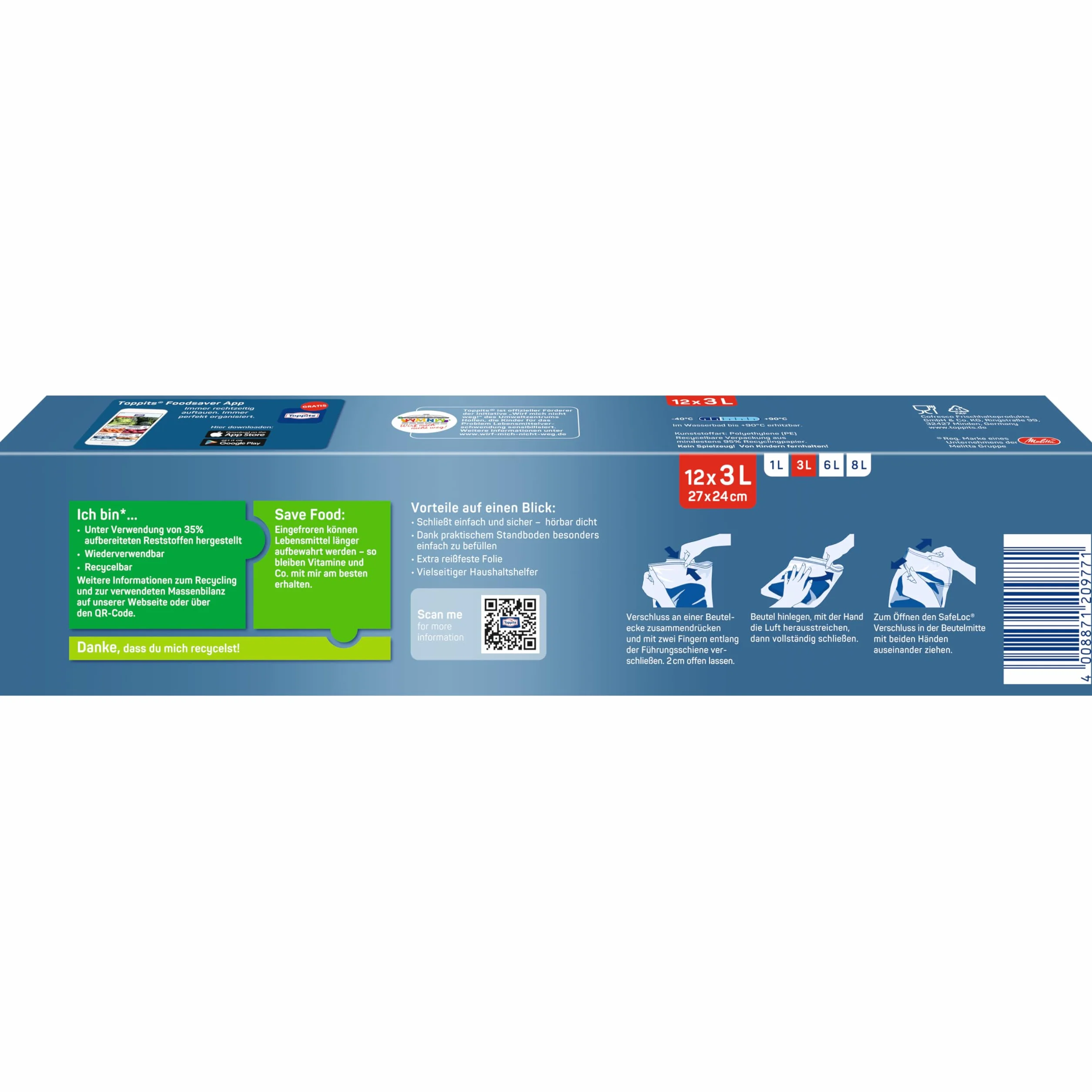 Toppits Safeloc 209771 Worki do Zamrażania, Przezroczysty, 12 szt. / 3 l