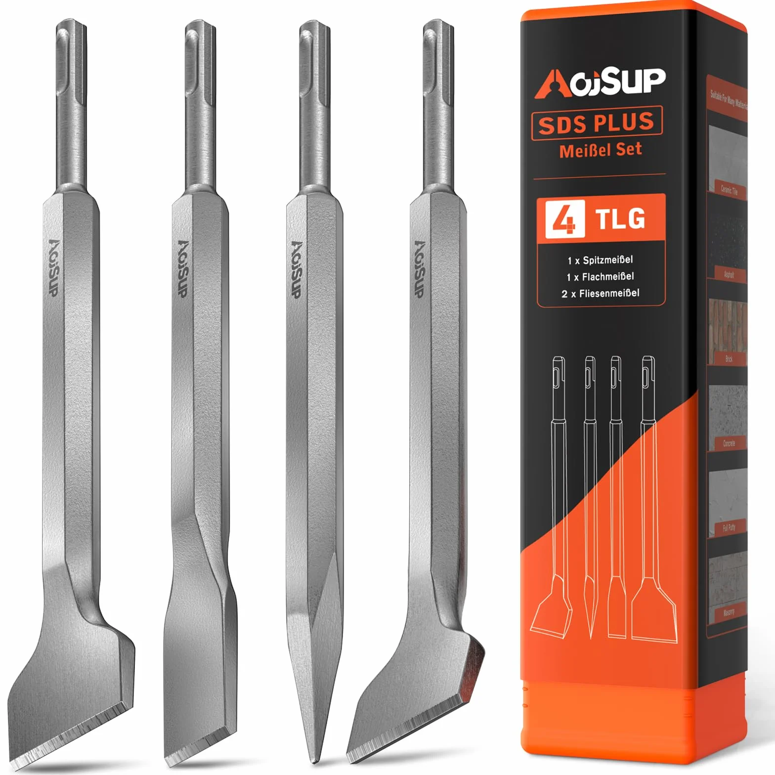 Zestaw dłut SDS Plus, 4 szt. dłuto do płytek SDS Plus, w zestawie 1 x dłuto spiczaste, 1 x dłuto płaskie, 2 x dłuta do płytek, profesjonalne dłuto do wszystkich wiertarek udarowych SDS Plus