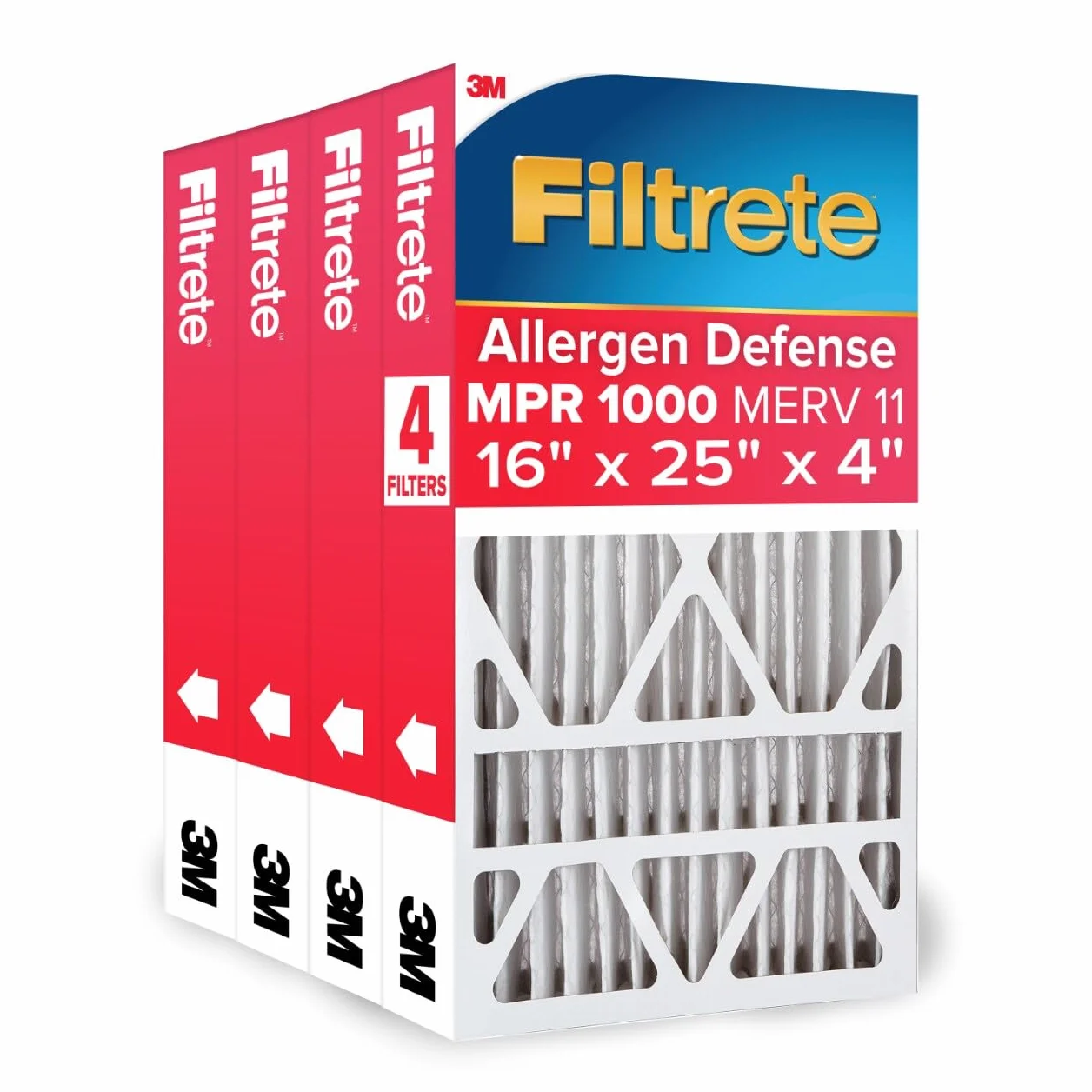 Filtrete Filtr powietrza 16 x 25 x 4, MPR 1000, MERV 11, ochrona przed alergenami 12 miesięcy, 4-calowe filtry powietrza, 4 filtry (40 cm x 62,4 cm x 10,9 cm)