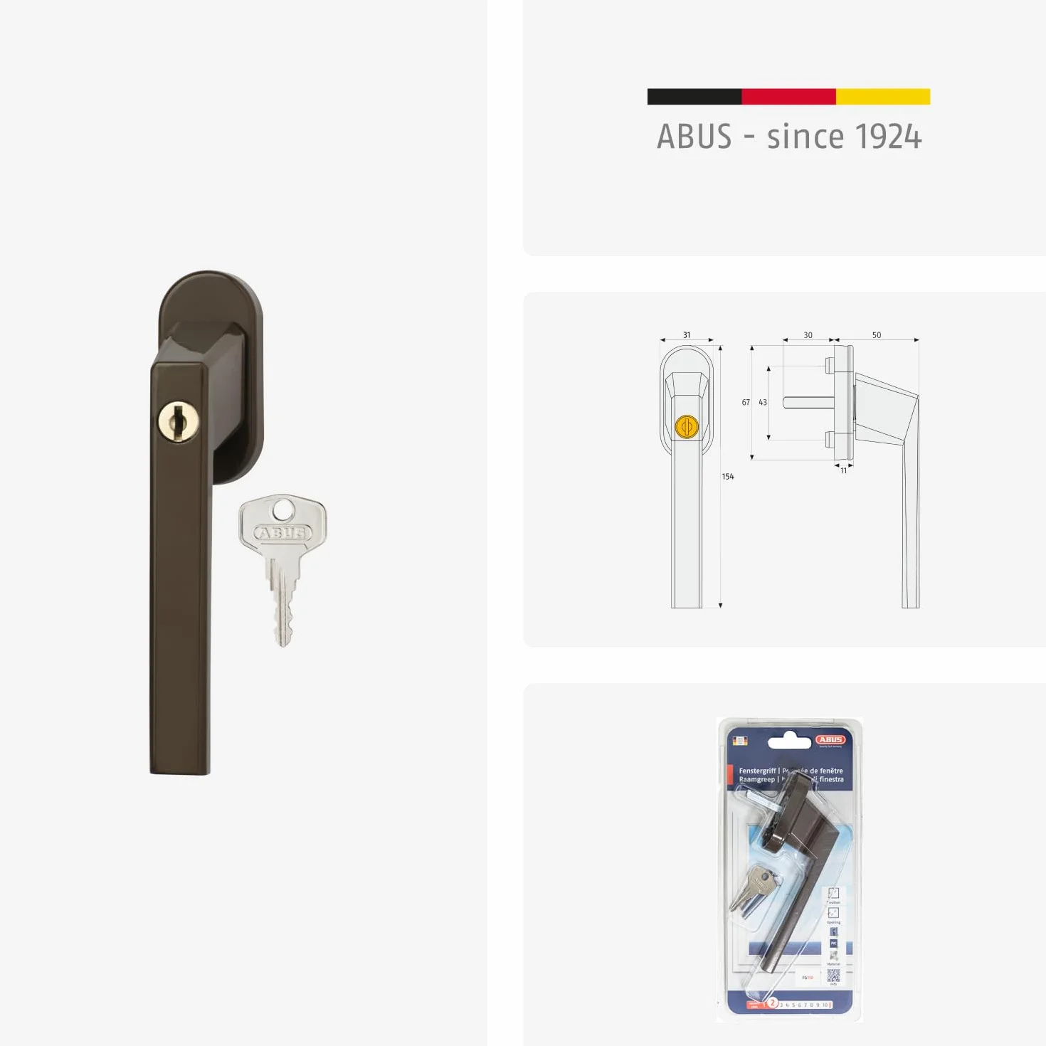 ABUS Zamykana klamka okienna FG110 - gałka okienna z cylindrem ciśnieniowym, równocześnie zamykająca - poziom bezpieczeństwa ABS 2-59222 - brązowy