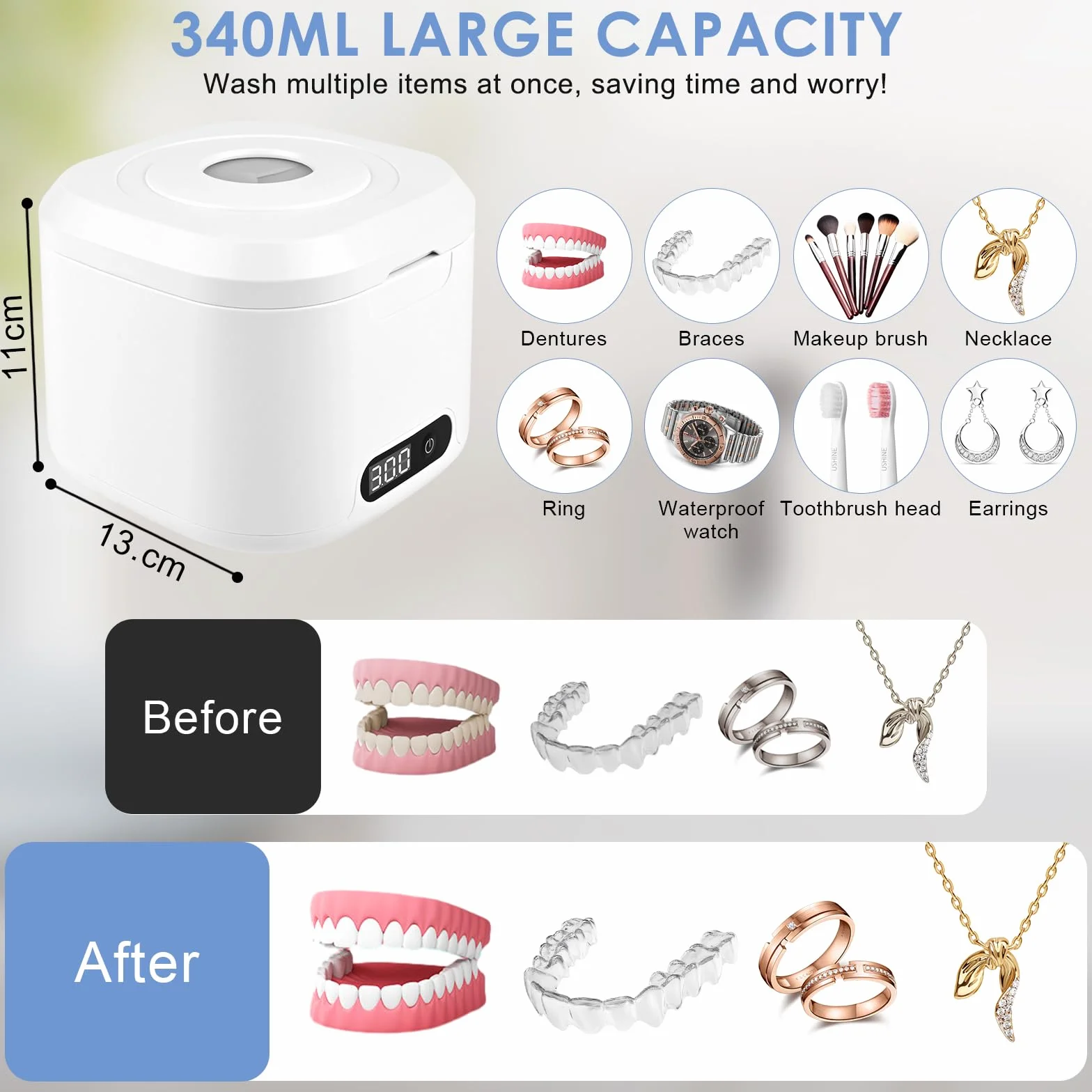 Ultrasonic Cleaner Dental Pod, 50 000 Hz z 6 lampami UV i 340 ml, wysoka moc 40 W, do protez, biżuterii, protez, korektorów, kolor biały