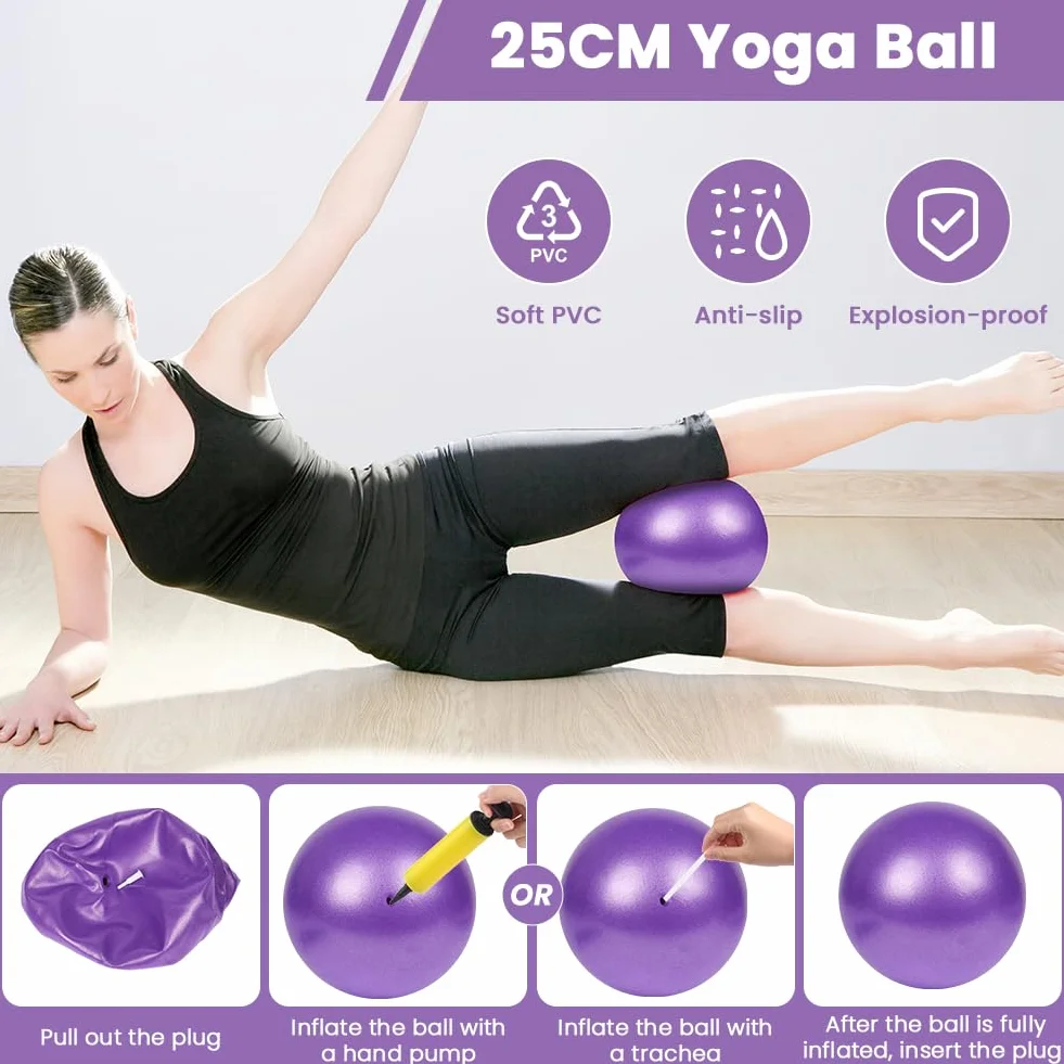 Zestaw pierścieni do pilatesu, 15''/38cm Magic Circle z podwójnymi uchwytami, 6-częściowy zestaw niezbędnych akcesoriów do pilatesu zawierający lateksową taśmę oporową, piłkę do jogi, elastyczny