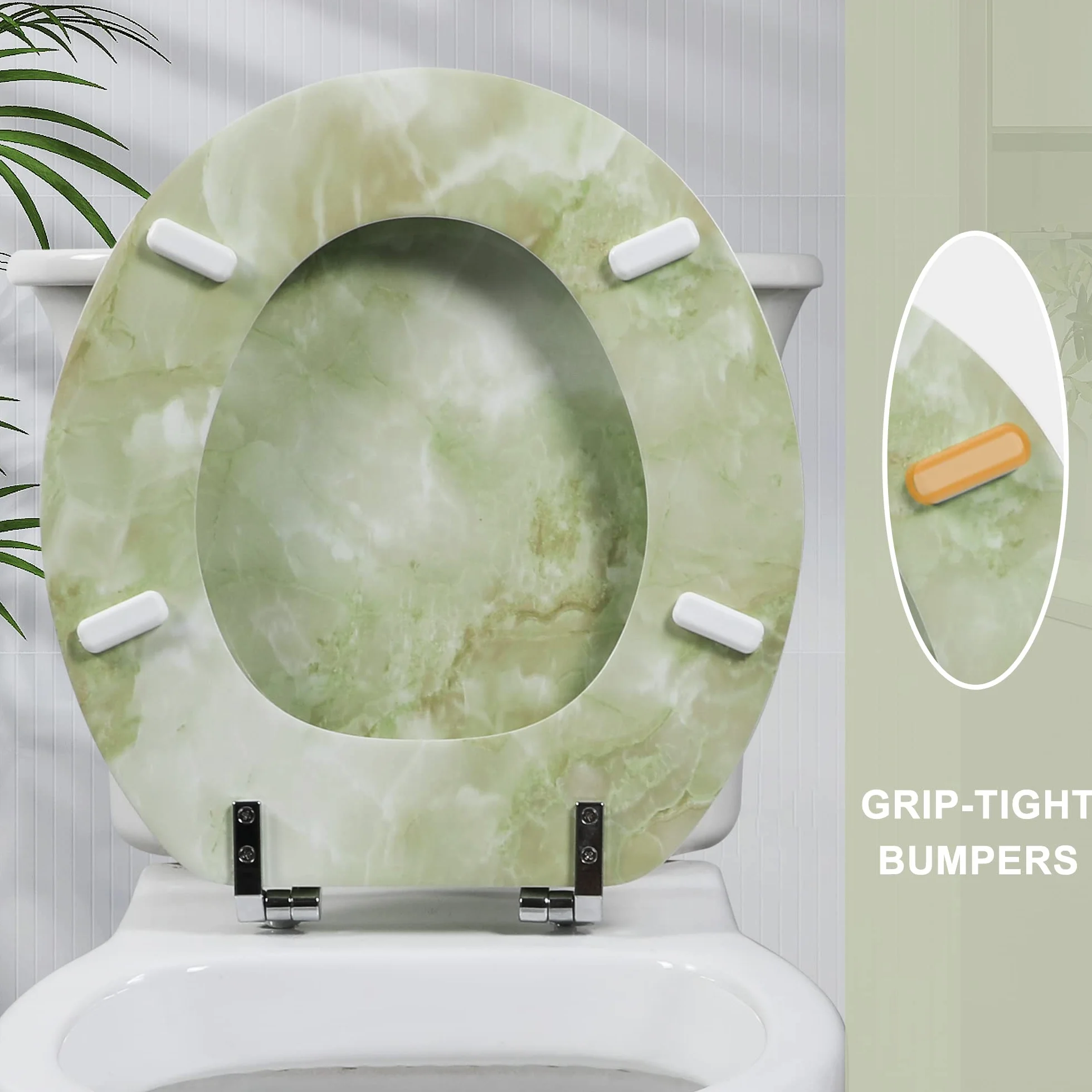 Okrągła deska sedesowa z naturalnego drewna z zawiasami ze stopu cynku, łatwa w montażu, łatwa do czyszczenia, antypoślizgowa marmurowa deska sedesowa firmy Angol Shiold (okrągła, zielony marmur)