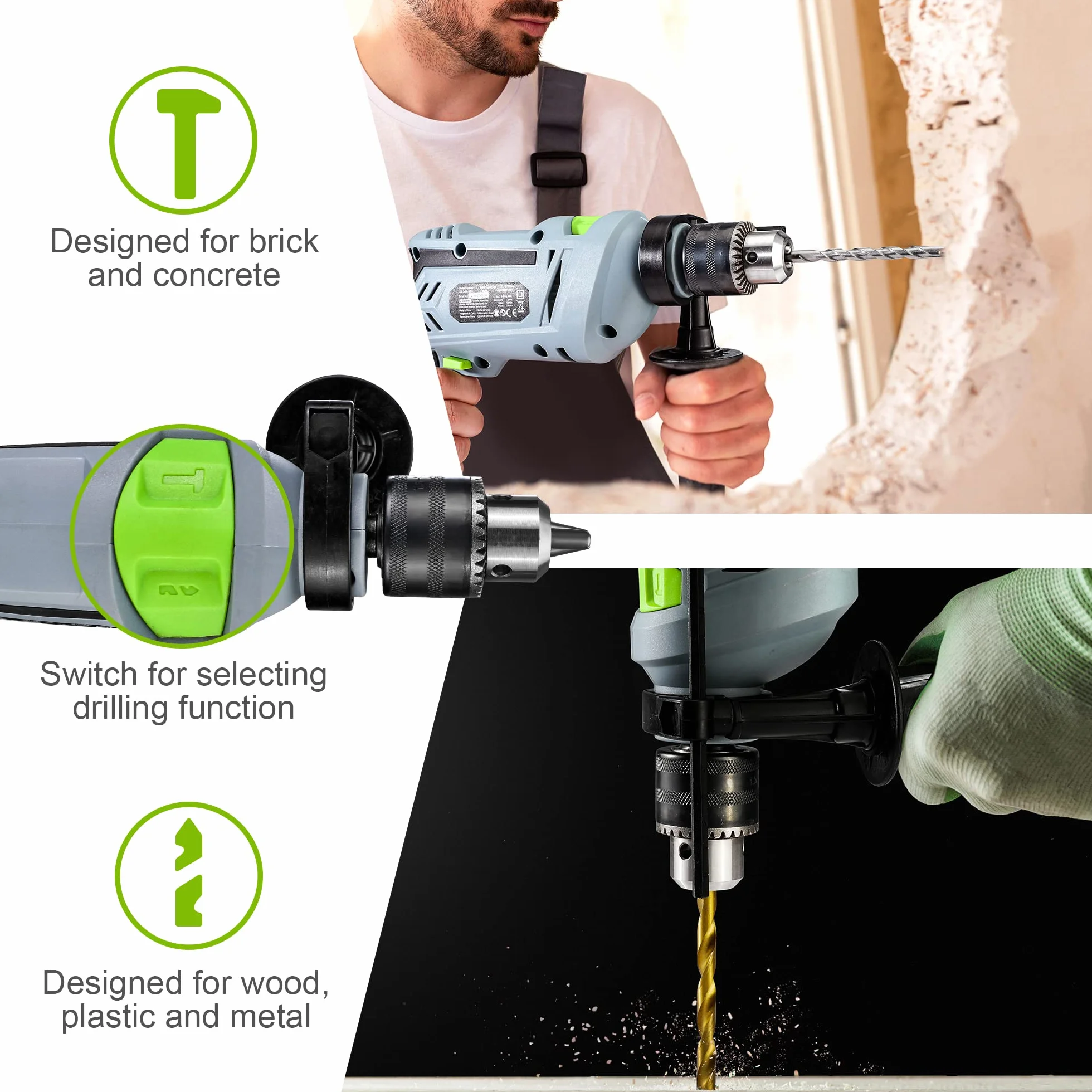 WORKPRO Wiertarka udarowa 850 W, wiertarka 3000 obr./min, młotek i wiertło 2 w 1 z uchwytem obrotowym 360°, uchwyt wiertarski 13 mm, w zestawie 3 wiertła spiralne i 2 wiertła do betonu