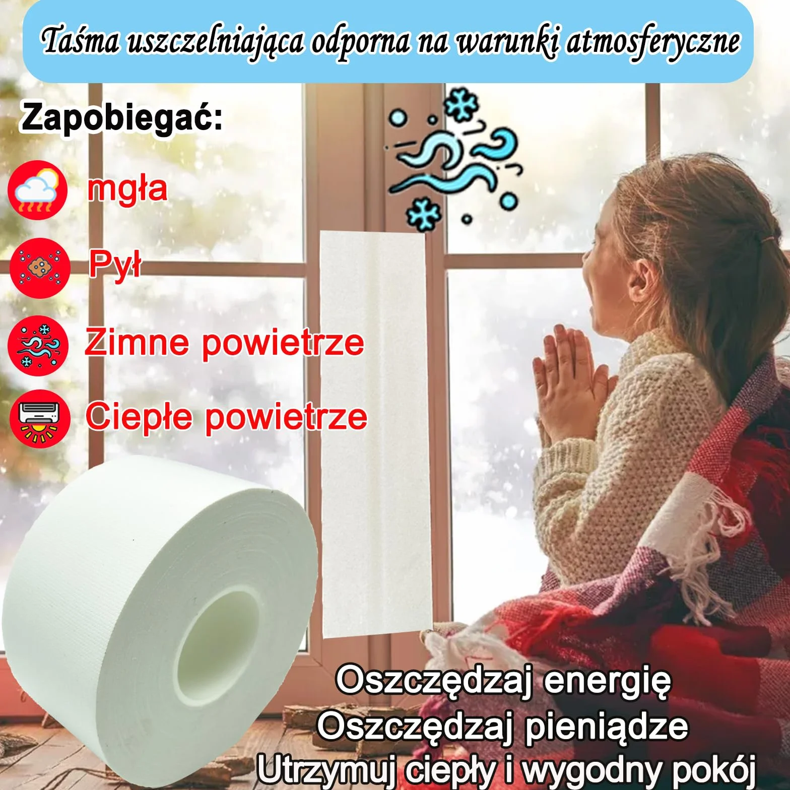 Taśma uszczelniająca do okien Kaihen, biała, wodoodporna, do klimatyzacji, okien i drzwi, chroni przed zimnym powietrzem, kurzem i deszczem, 2cale/5cm x 99stóp/30m, bez pozostałości
