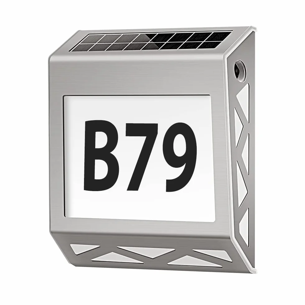 Solarny podświetlany numer domu 8 LED Solarny numer domu z przełącznikiem zmierzchowym Stal nierdzewna IP54 Wodoodporny Outdoor z cyframi 0-9 i literami A-E (Srebro)