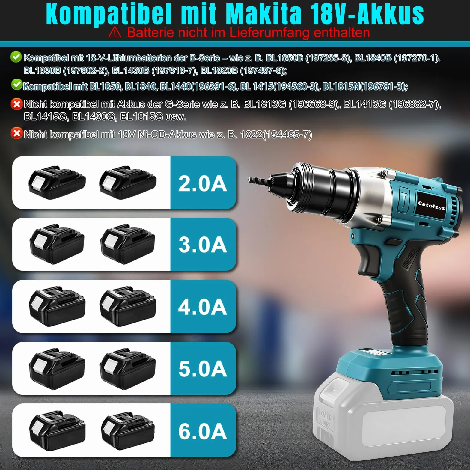 Akumulatorowe szczypce do nitowania kompatybilne z Makita 18 V, bezszczotkowe elektryczne narzędzie do nitowania z trzema trybami, do nitów M4/5/6, placów budowy, napraw samochodów i majsterkowiczów