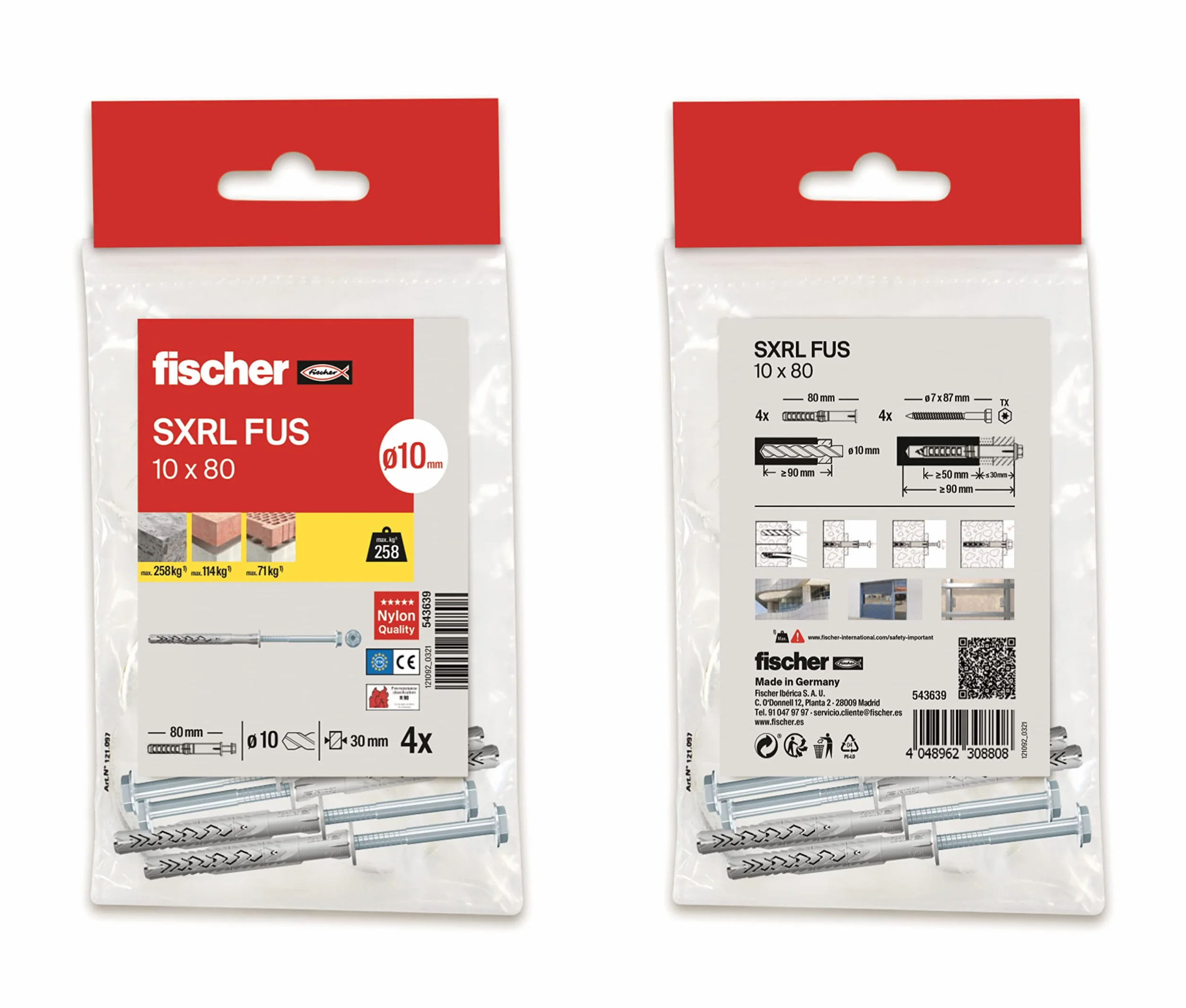 fischer SXRL kołki rozporowe z długimi śrubami, 10 x 80, do ścian betonowych i ceglanych, 4 sztuki