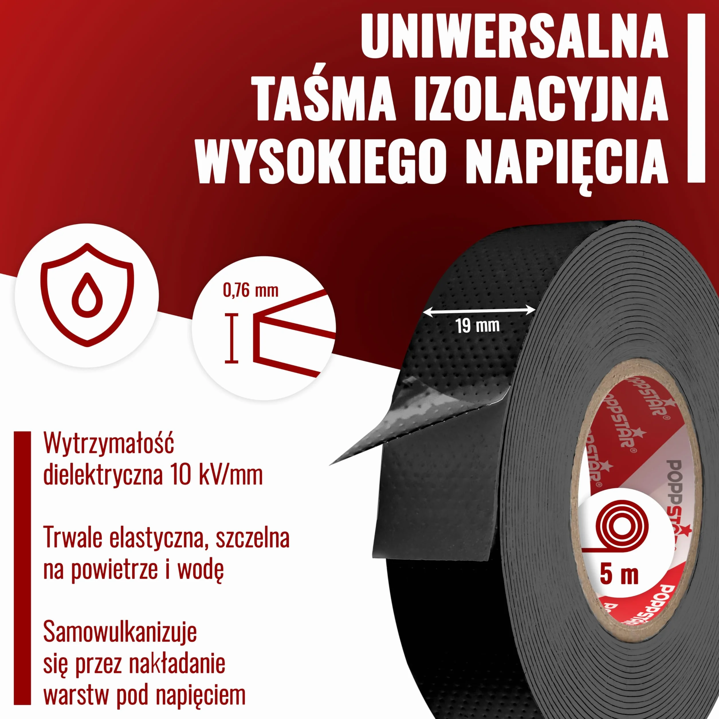 Poppstar samowulkanizująca taśma izolacyjna, uniwersalna, 5m x 19mm x 0,76mm, czarna, 1 rolka