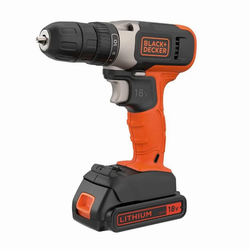 BLACK+DECKER BCD001C1-QW wiertarko-wkrętarka 18 V, akumulator litowy 1,5 Ah, ładowarka, sprzęgło 10 pozycji, zmienna prędkość, uchwyt 10 mm, do majsterkowania w domu