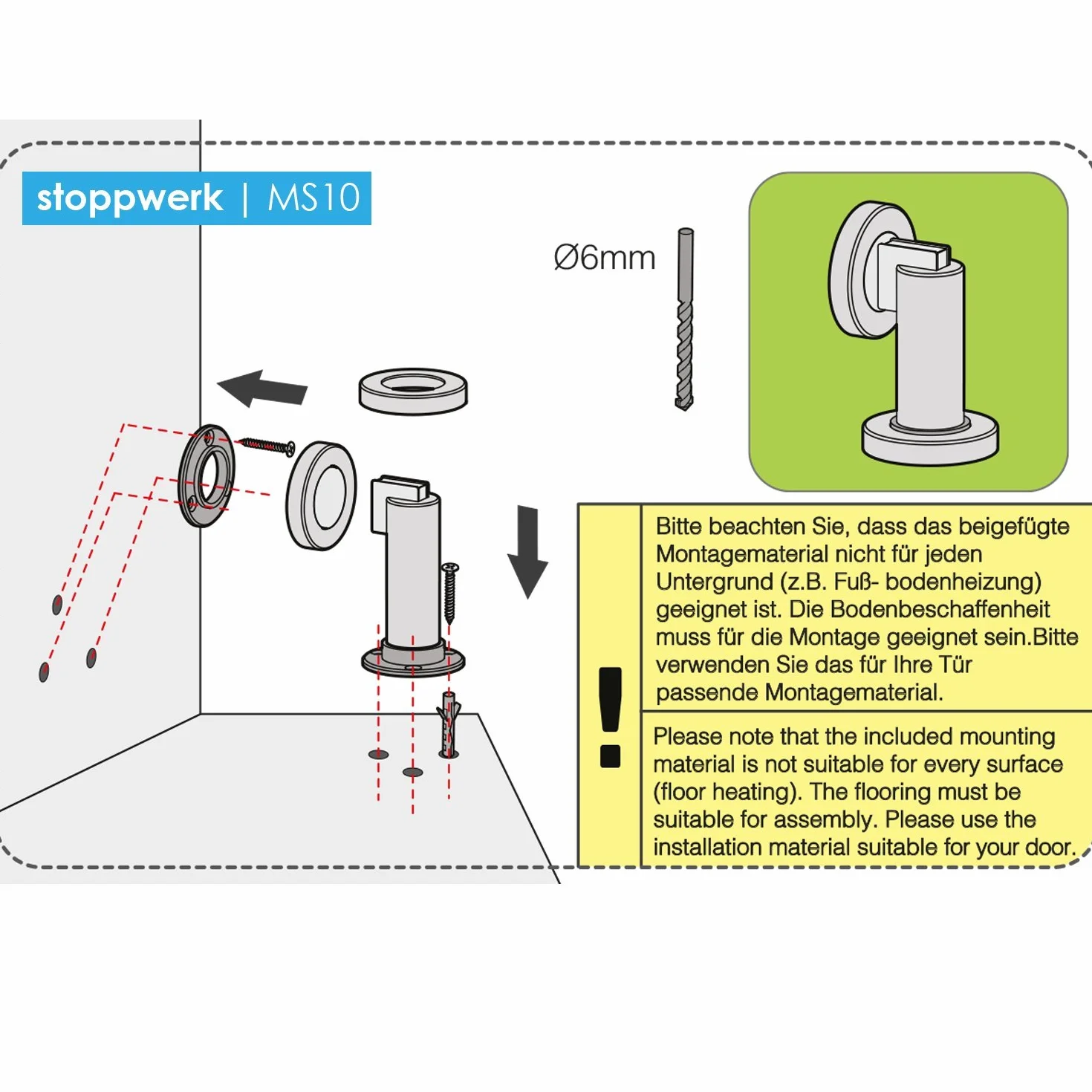 Stoppwerk Magnetyczny Stoper do drzwi - Uchwyt do drzwi o wyglądzie stali nierdzewnej wraz z materiałem mocującym - Magnetyczny ogranicznik drzwi montowany na podłodze i ścianie - ø5 cm H: 8,4 cm