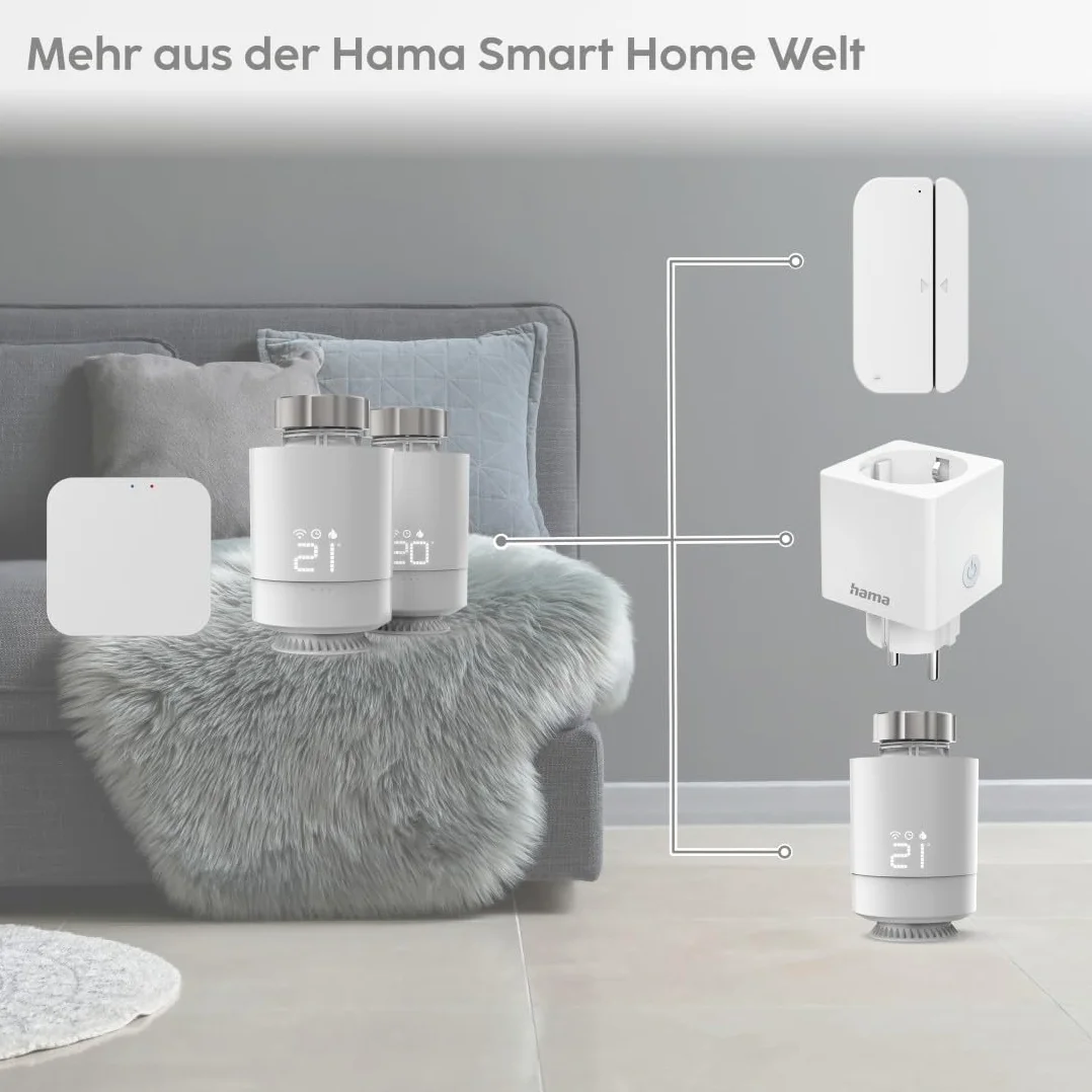 Hama Inteligentny termostat grzejnikowy, zestaw startowy 2 szt. z koncentratorem (sterowanie ogrzewaniem Wi-Fi, regulator ogrzewania Smart Home do wszystkich zaworów, programowalny termostat grzewczy