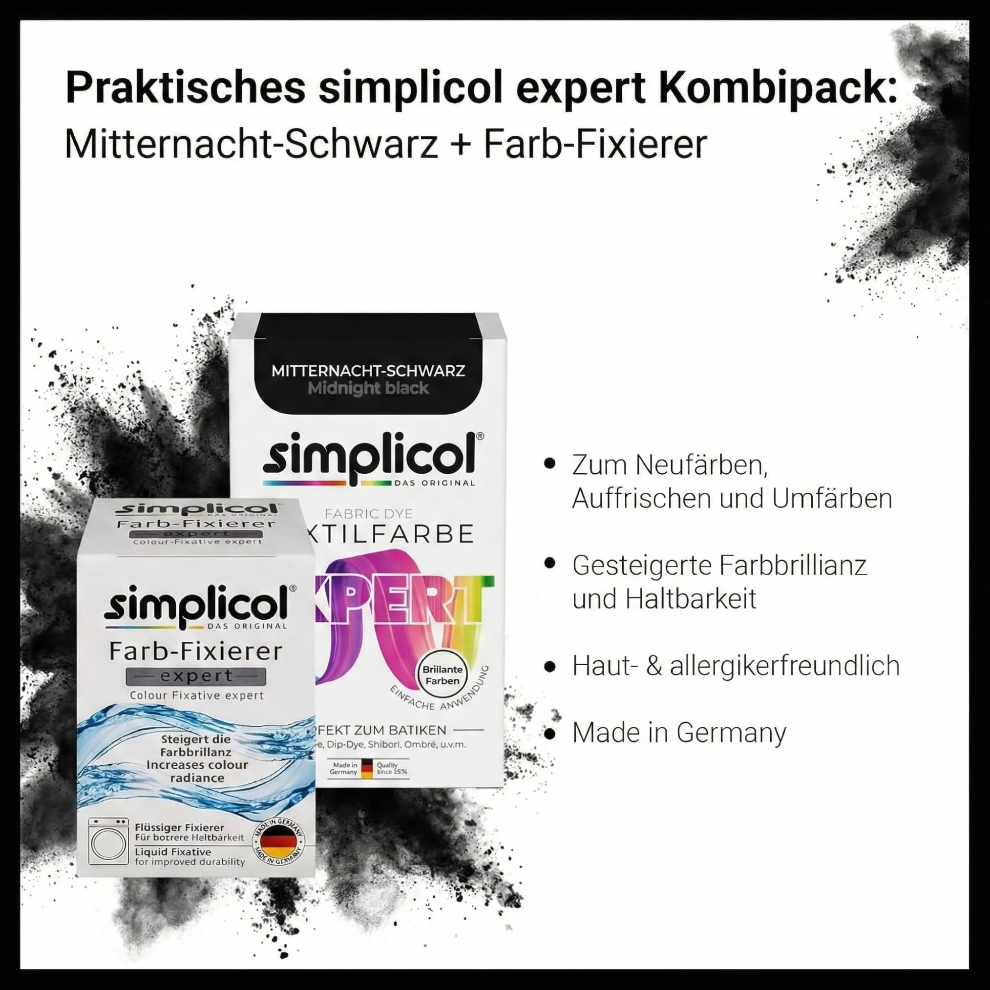 simplicol Textilfarbe expert + Farbfixierer Kombipack, Mitternacht-Schwarz 1718: Farbe für Waschmaschine oder manuelles Färben