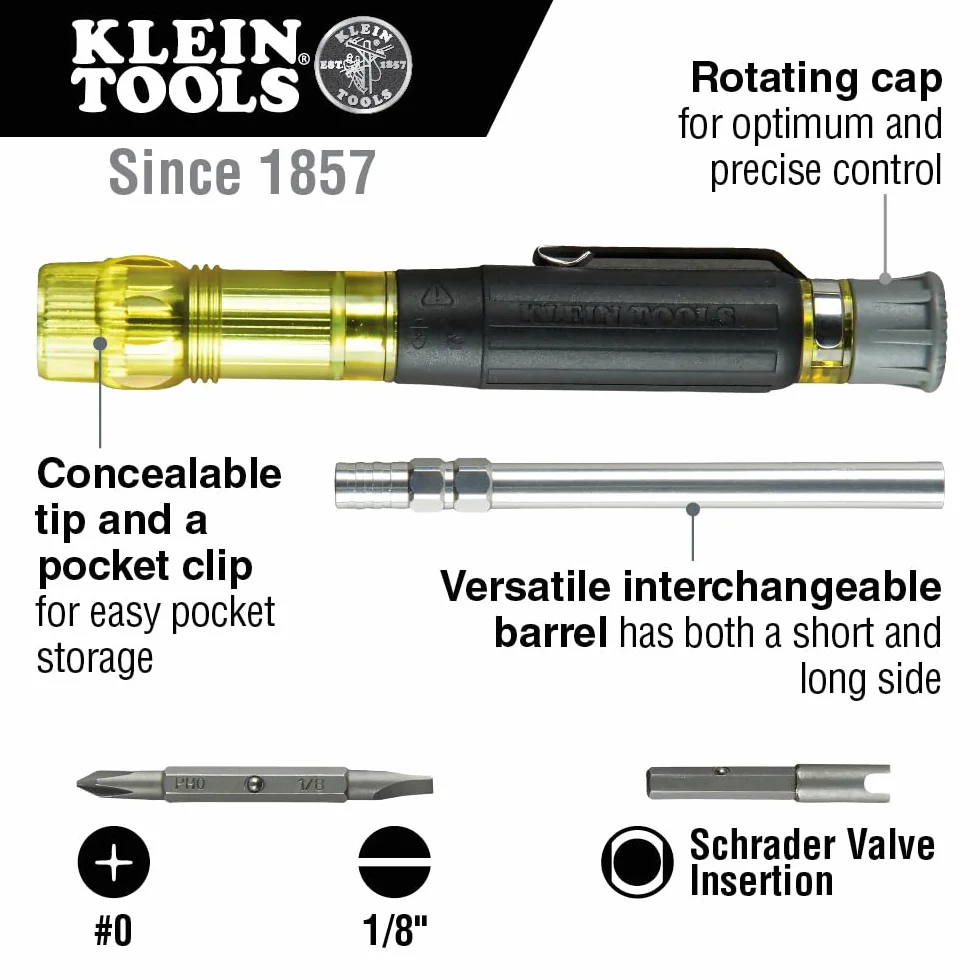 Klein Tools 32613 Precyzyjny śrubokręt, precyzyjny śrubokręt kieszonkowy HVAC 3 w 1 z bitem Schradera, żółty/czarny