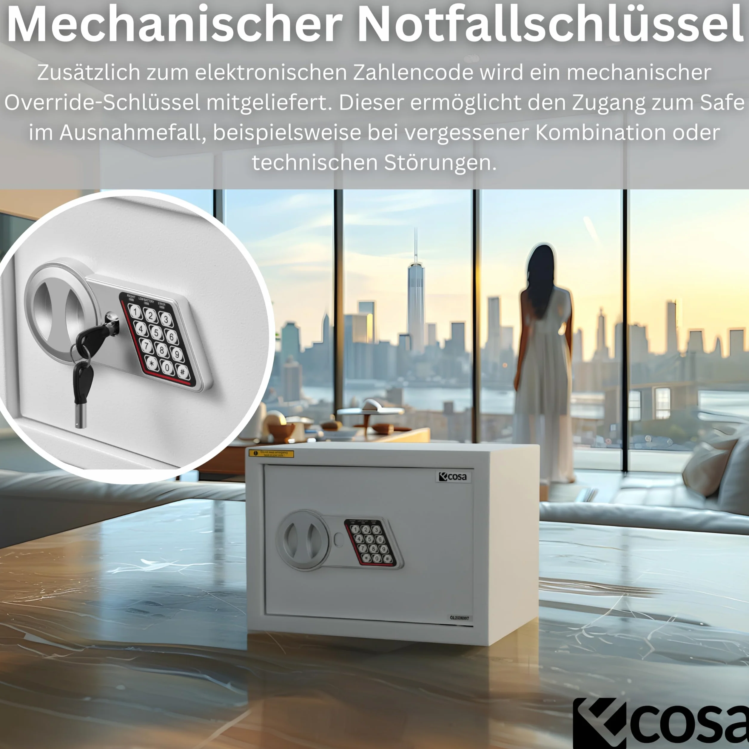 Ecosa Elektroniczny sejf 35 x 25 x 25 cm – sejf meblowy i sejf ścienny z kodem numerycznym i kluczem, sejf hotelowy do domu, 3-krotna, bardzo gruba podwójna blokada bolca, ognioodporny, wodoszczelny