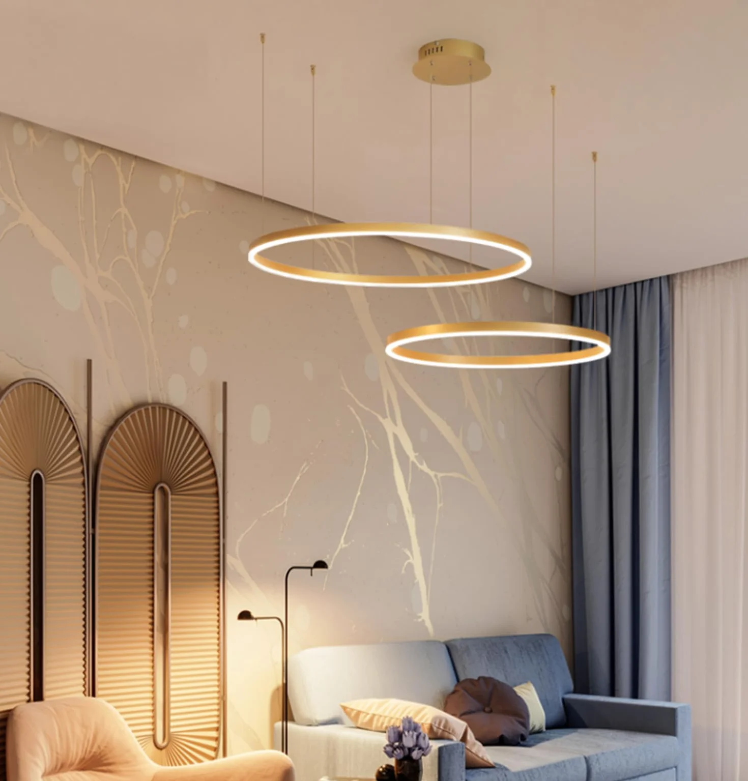 Lampa wisząca LED, do jadalni, do salonu, przyciemniana, z pilotem zdalnego sterowania, nowoczesny żyrandol, okrągły, z aluminium, akrylu, lampa sufitowa, 65 W, złota, 3 okręgi, 30 + 50 + 70 cm