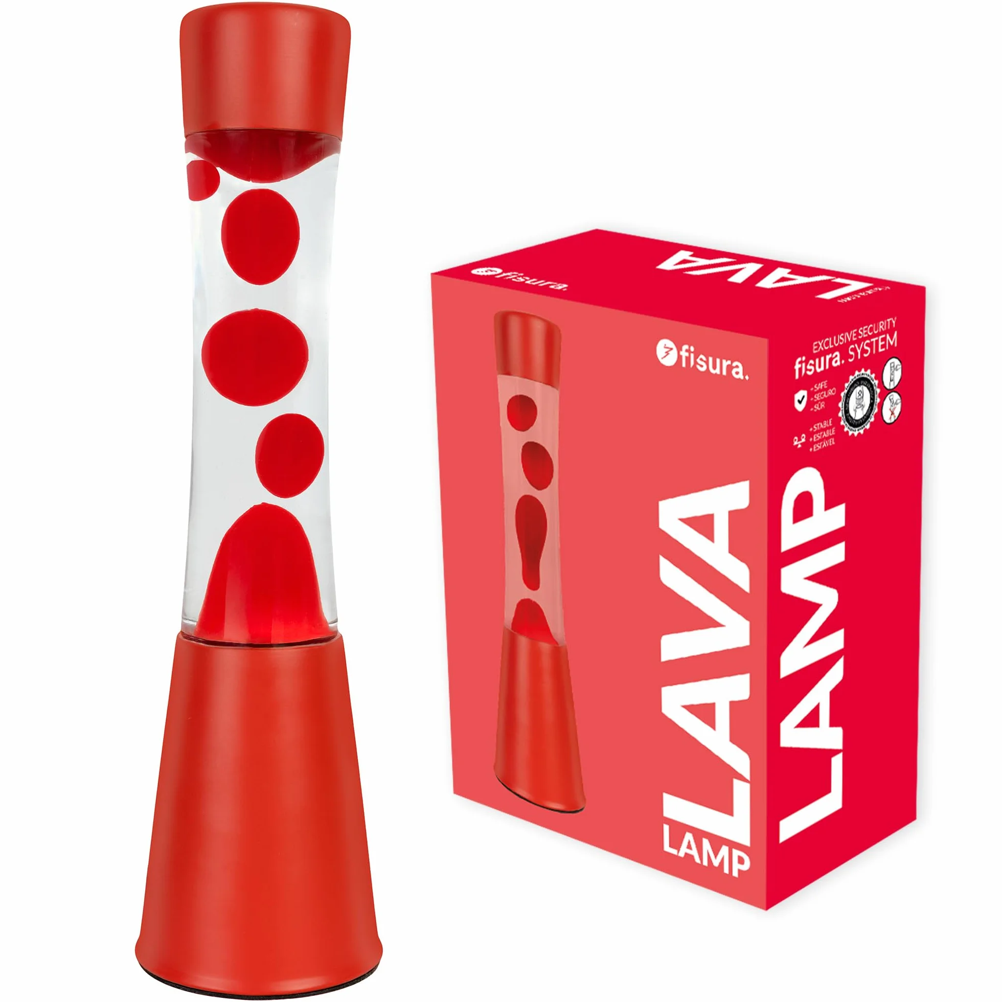 Fisura – Lampa z lawą czerwona. Podstawa i lawa w kolorze czerwonym z przezroczystym płynem. Lampa relaksacyjna z zapasową żarówką. 11 cm x 11 cm x 39,5 cm.