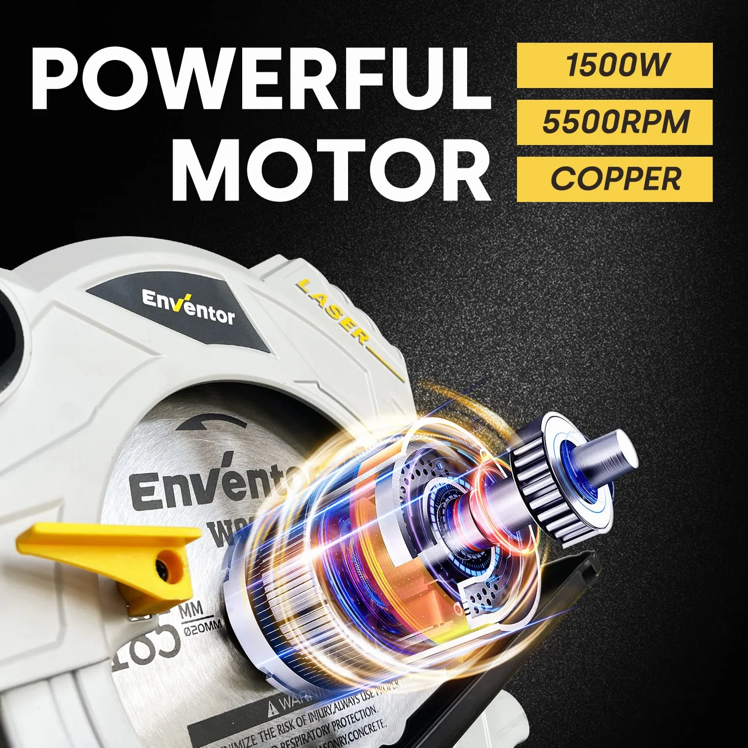 Enventor Piła tarczowa 1500 W 5500 obr./min prowadnica laserowa silnik z czystej miedzi 2 brzeszczoty 24 T + 40 T Ø185 mm
