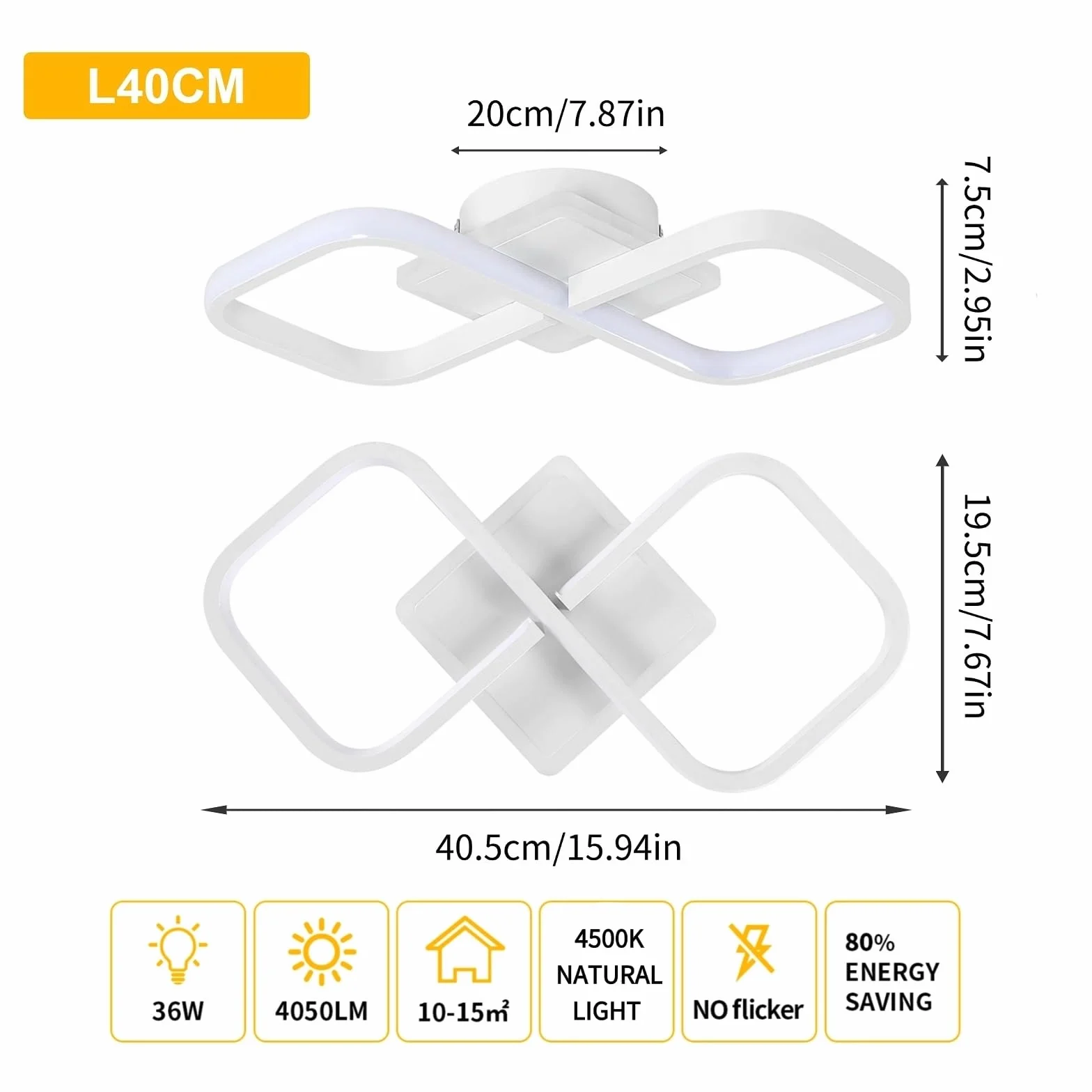 Comely Nowoczesny Kwadratowy Plafon LED, 36W 4050LM 40.5cm Lampa Sufitowa LED, Biała Akrylowa Wewnętrzna Oprawa Sufitowa Do Sypialni, Salonu, Korytarza, Światło Naturalne 4500K