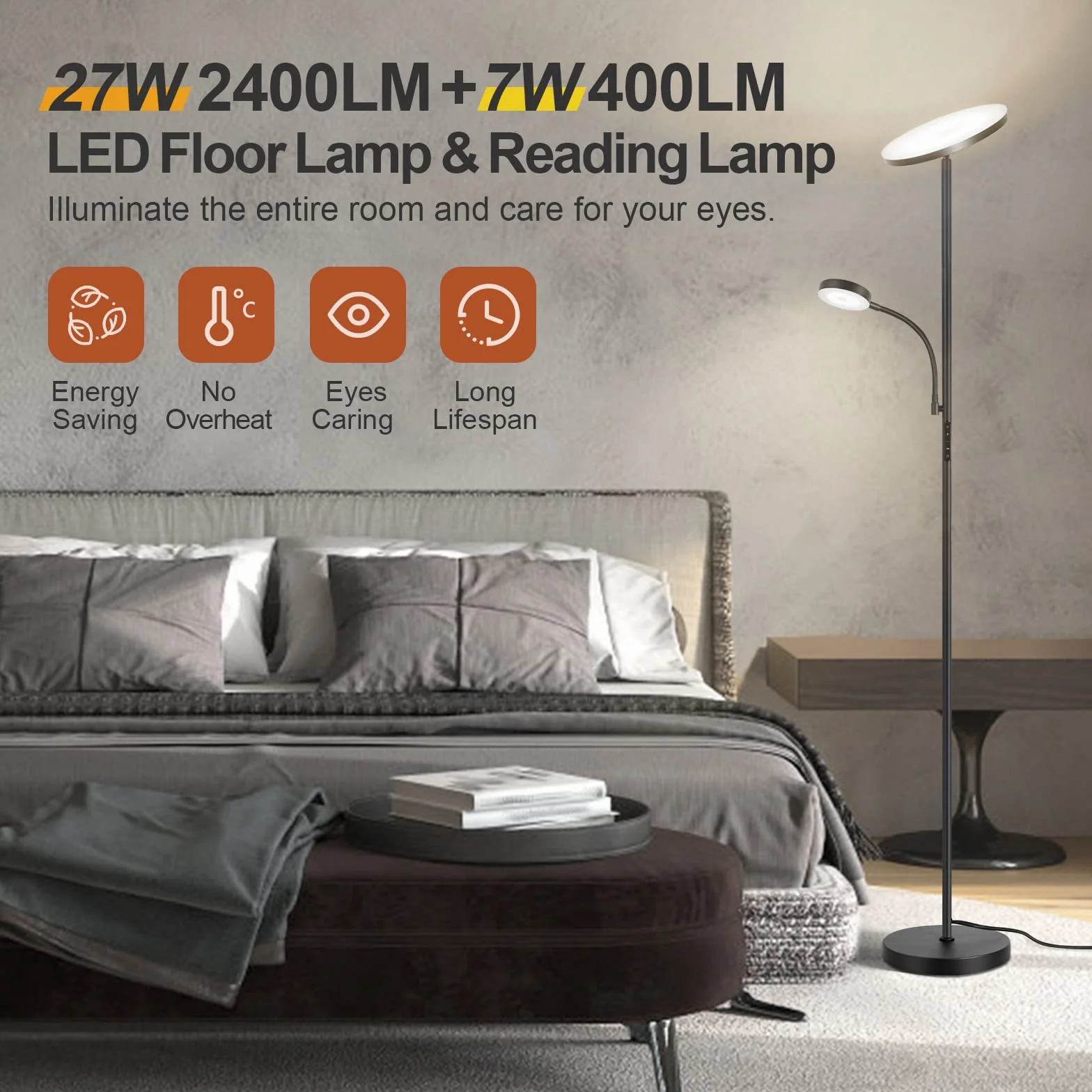 OUTON Lampa stojąca LED, ściemniana, z lampką do czytania, 27 W/2400 lm, lampa do czytania 7 W, 4 temperatury barwowe, pilot zdalnego sterowania dotykowego, timer 1H, 178 cm, lampa stojąca do salonu