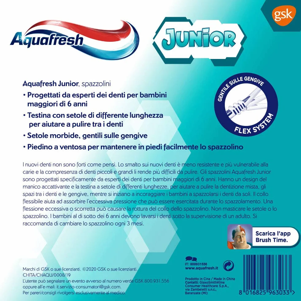 Aquafresh Junior Szczoteczka do zębów dla dzieci w wieku 6-12 lat, zęby mleczne i trwałe, miękkie włosie, skuteczne czyszczenie, elastyczna szyja, opakowanie 12 szt