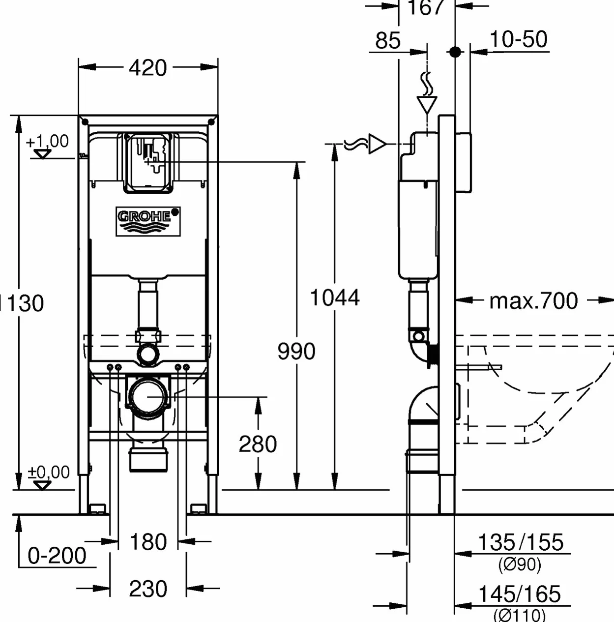 Grohe Rapid SL Stelaż podtynkowy do WC; wysokość instalacji 1,13 m, szerokość 0,42 m