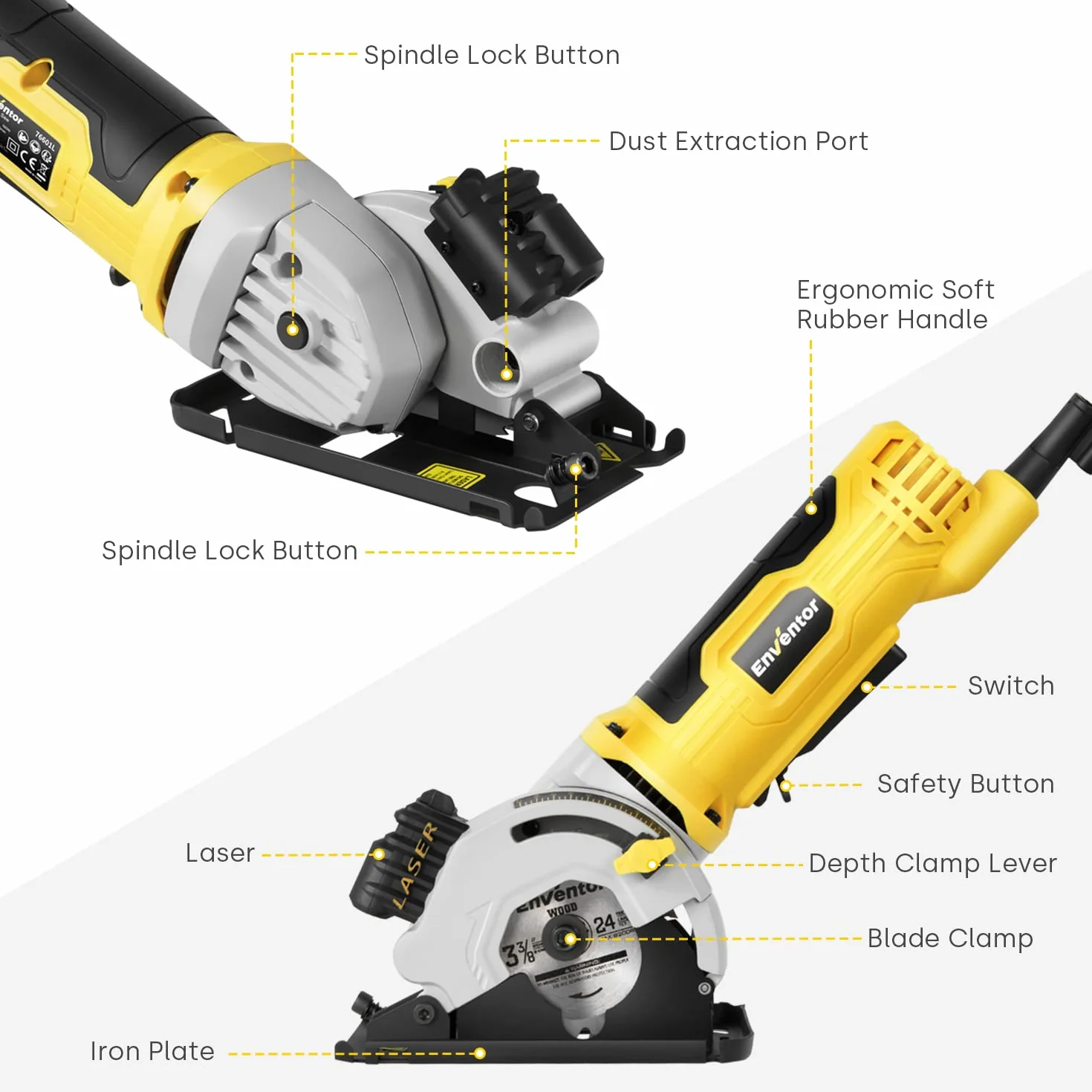 Enventor 580W Mini piła tarczowa, mini ręczna piła tarczowa z linijką i prowadnicą laserową, 4000 obr./min, trzymanie jedną ręką, 3 brzeszczoty, do drewna, płytek, tworzyw sztucznych i cienkich metali