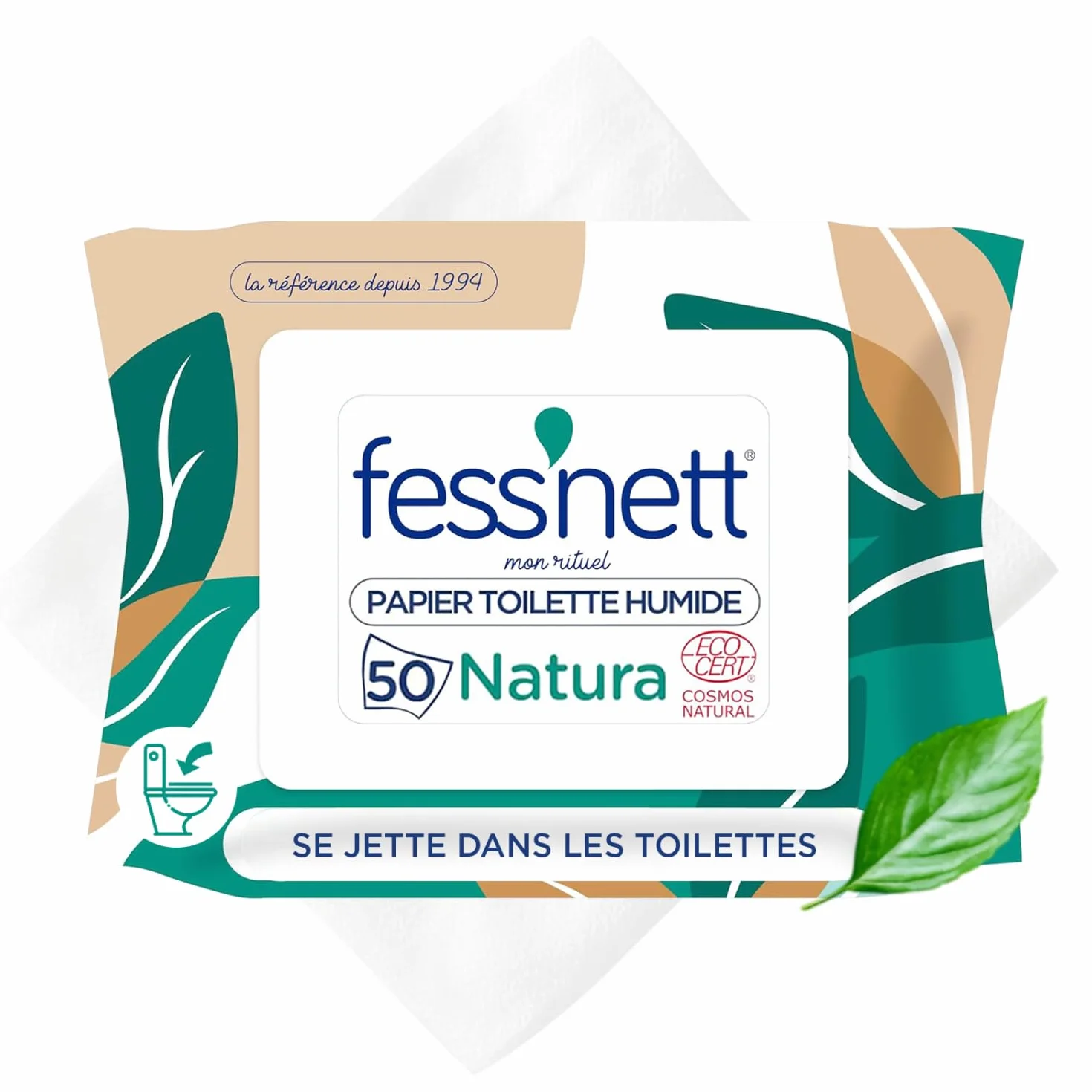 Fess'nett Natura wilgotny papier toaletowy, 50 sztuk, testowany dermatologicznie, 0% parabenów, 0% fenoksyetanol, hipoalergiczny
