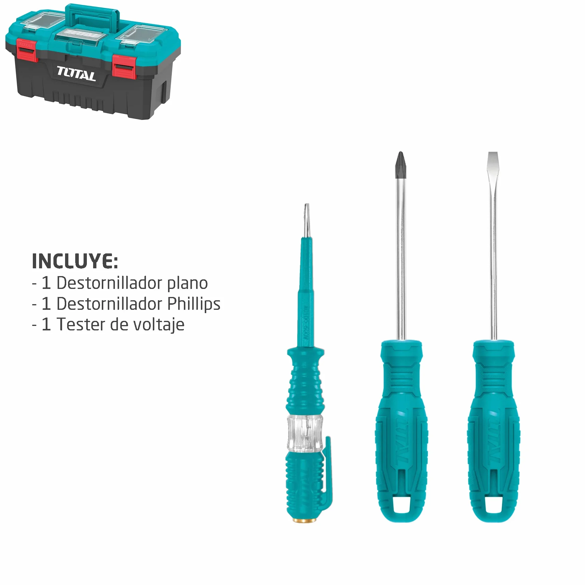 Total Tools - Pudełko z 32 narzędziami 17" (43 cm) | Szczypc, Klucz, Śrubokręt i młotek z grzechotką | Flexometr, końcówki i łuk piły | Tester napięcia