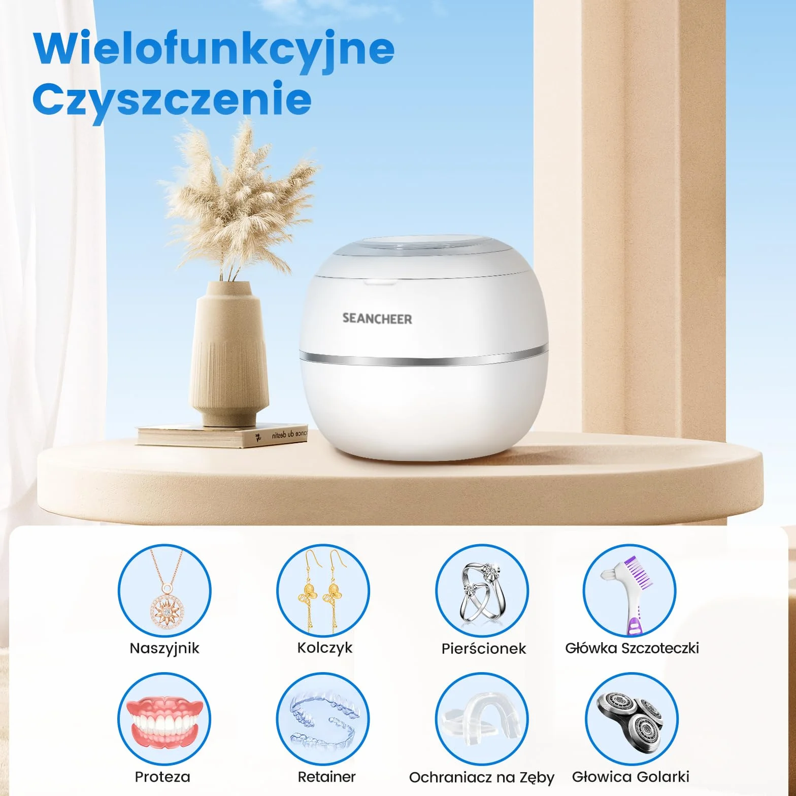 SEANCHEER Czyszczarka ultradźwiękowa | 48kHz | 180ML | Ultradźwiękowe Urządzenie Czyszczące z Lampą UV Do | Protez | Retainerów | Alignerów | Szyn Zębowych | Nakładek Nocnych | (Biały)