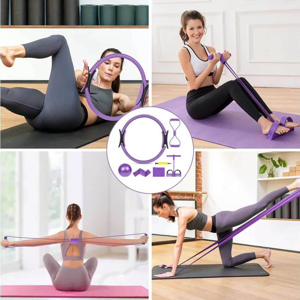 Zestaw pierścieni do pilatesu, 15''/38cm Magic Circle z podwójnymi uchwytami, 6-częściowy zestaw niezbędnych akcesoriów do pilatesu zawierający lateksową taśmę oporową, piłkę do jogi, elastyczny