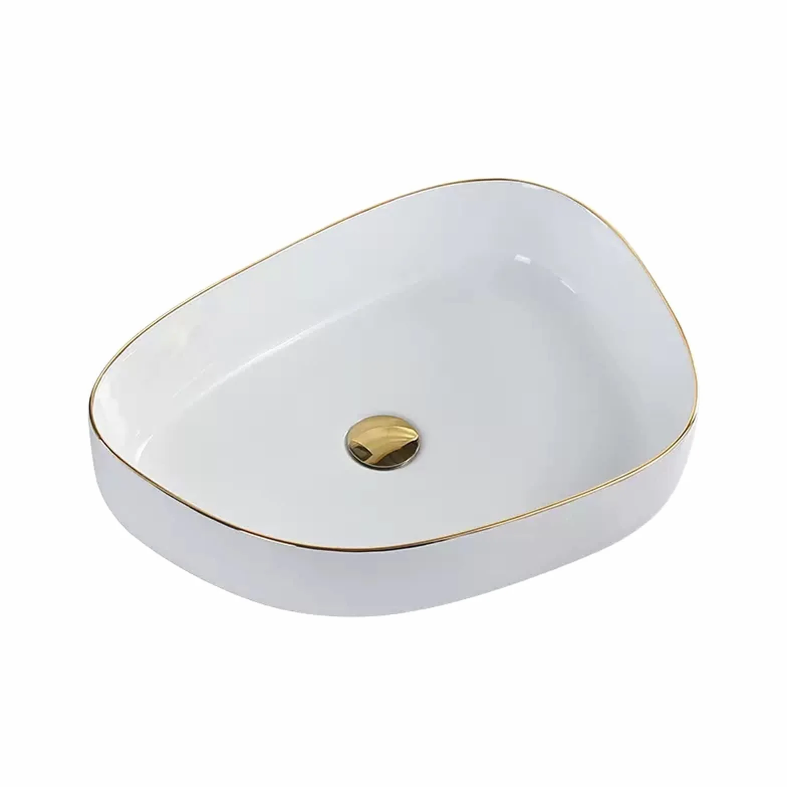 Umywalka Nablatowa Łazienkowa, Umywalka Nablatowa Ceramiczna, 21,6" X 15,3" Z Dekoracją Na Złotym Brzegu, Nowoczesna Umywalka Nablatowa, Błyszcząca Biel, L