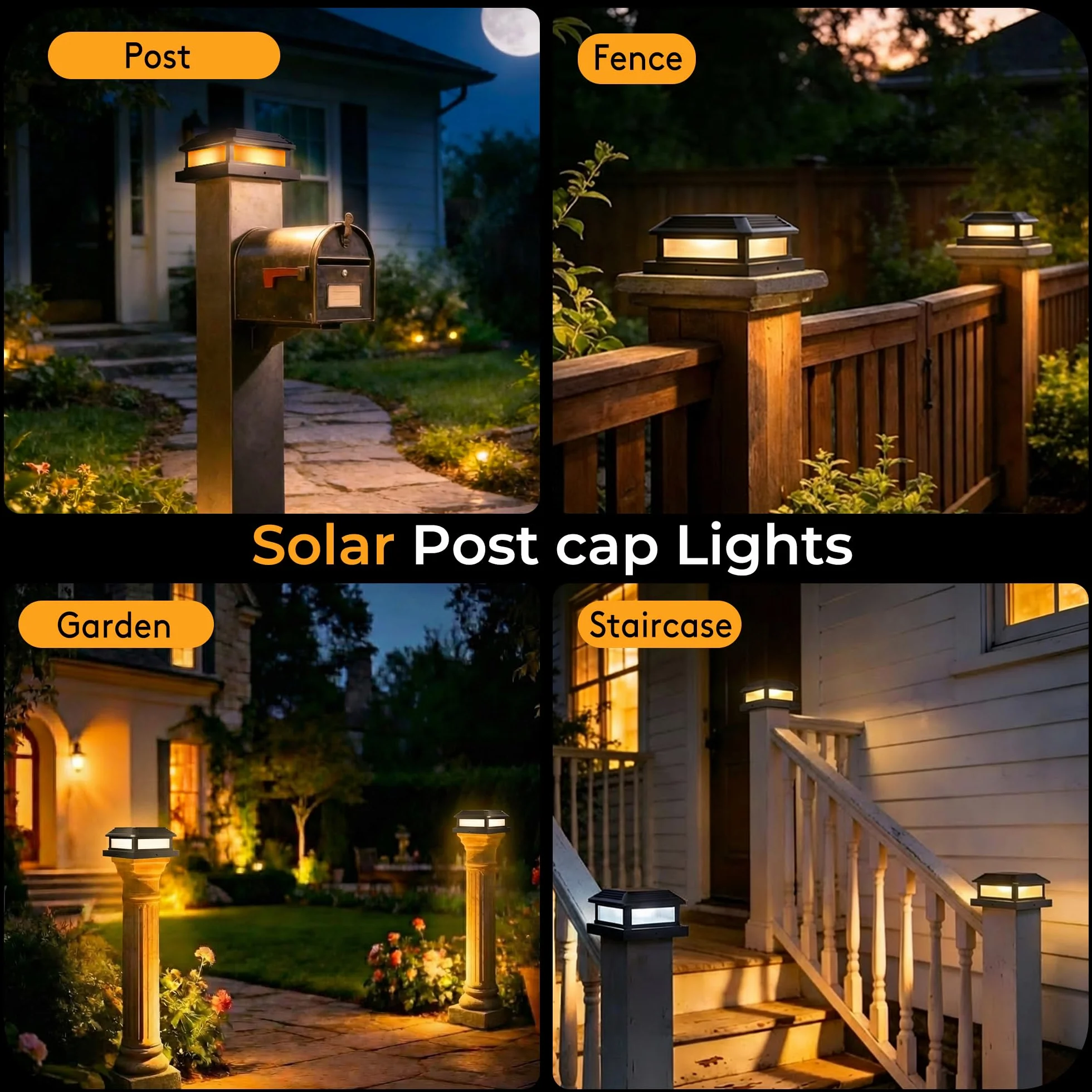 Quntis Zestaw 4 lamp solarnych na słupki ogrodzeniowe, lampy ogrodowe typu Flame z 5 trybami świecenia, lampy solarne na słupki o wymiarach – taras, patio, do ogrodu, podwórko, werandę i ścieżki