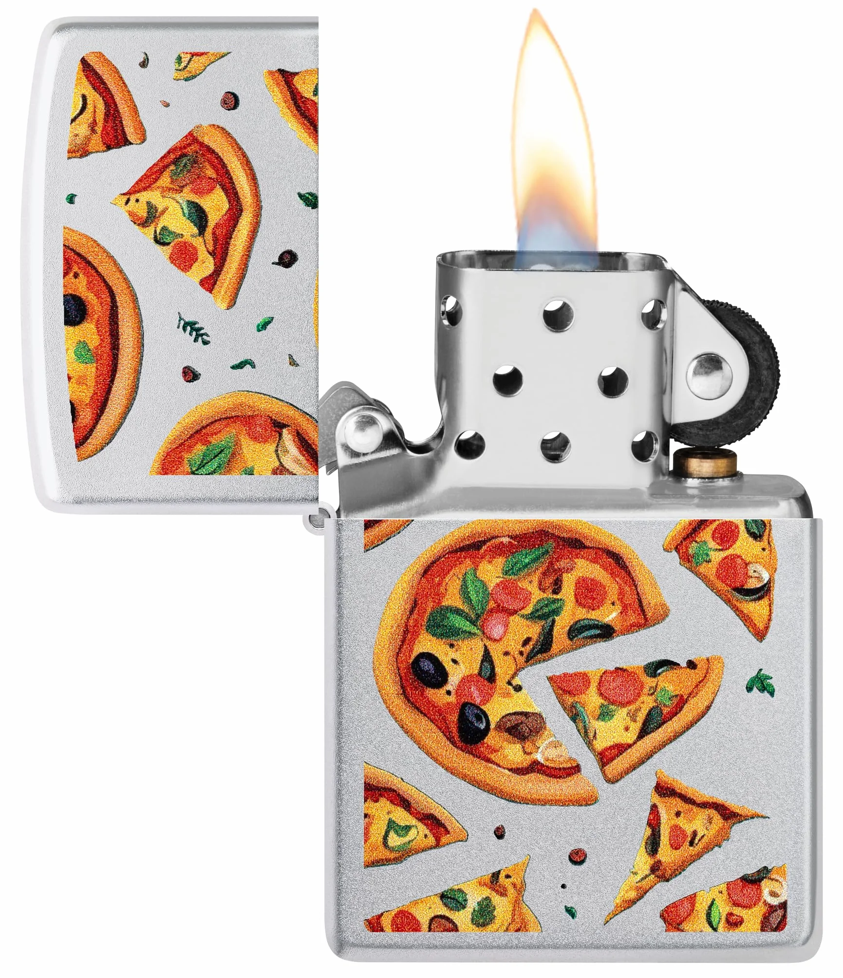 Zippo Pizza Zapalniczka Sztormowa, Kolorowy Nadruk, do Napełniania, Wielokrotnego Użytku, Wiatroodporna Konstrukcja, Pudełko na Prezent, Wykonano w USA, Satynowy Chrom (Satin Chrome)