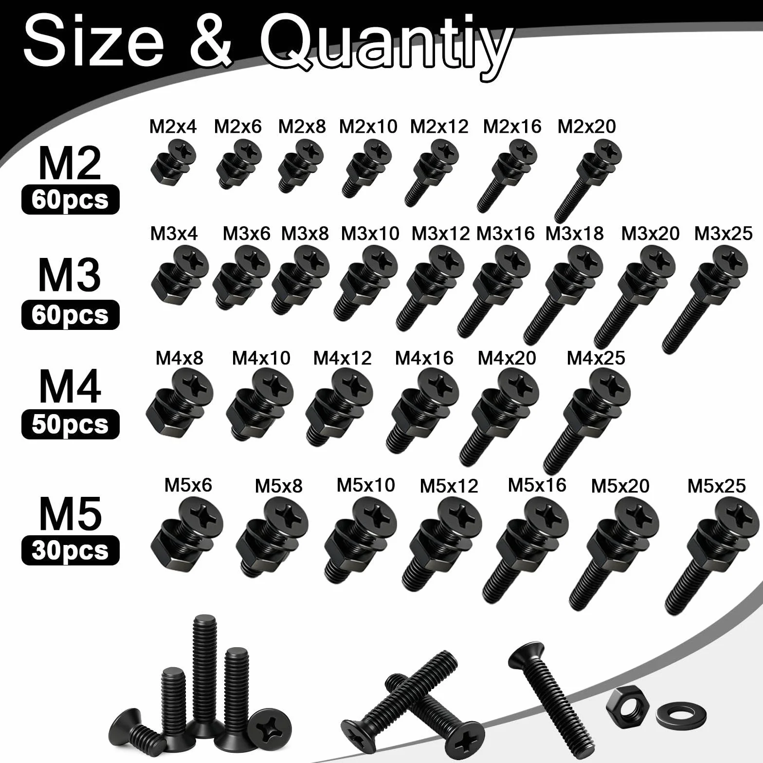 60 sztuk M2x20mm Zestaw śrub i nakrętek, czarne śruby z łbem krzyżowym z płaskim łbem krzyżowym i nakrętki i podkładki zestaw ze stali węglowej do mebli, maszyn
