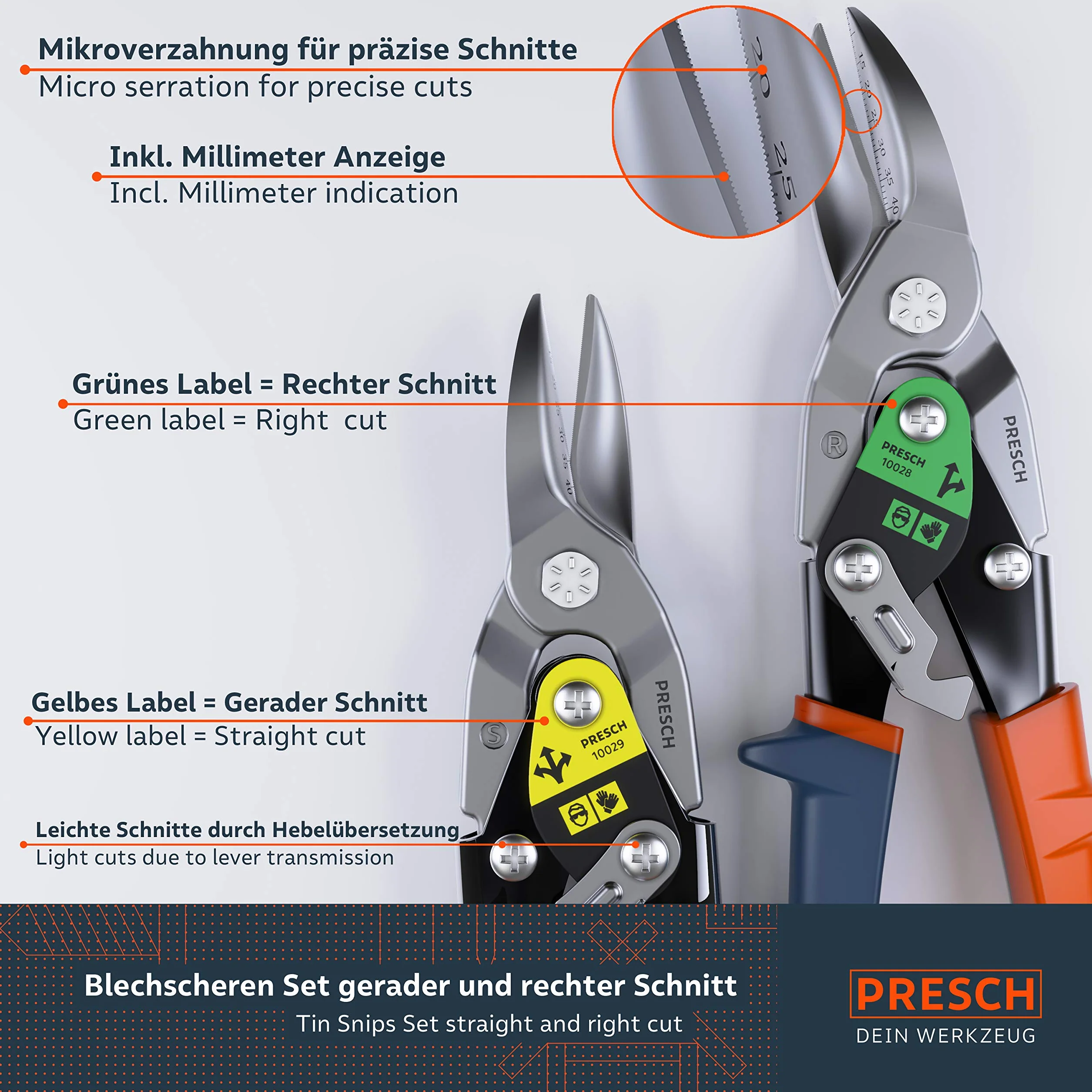Presch Zestaw nożyc do blachy do cięcia prostego i prawego - wytrzymałe nożyce lotnicze