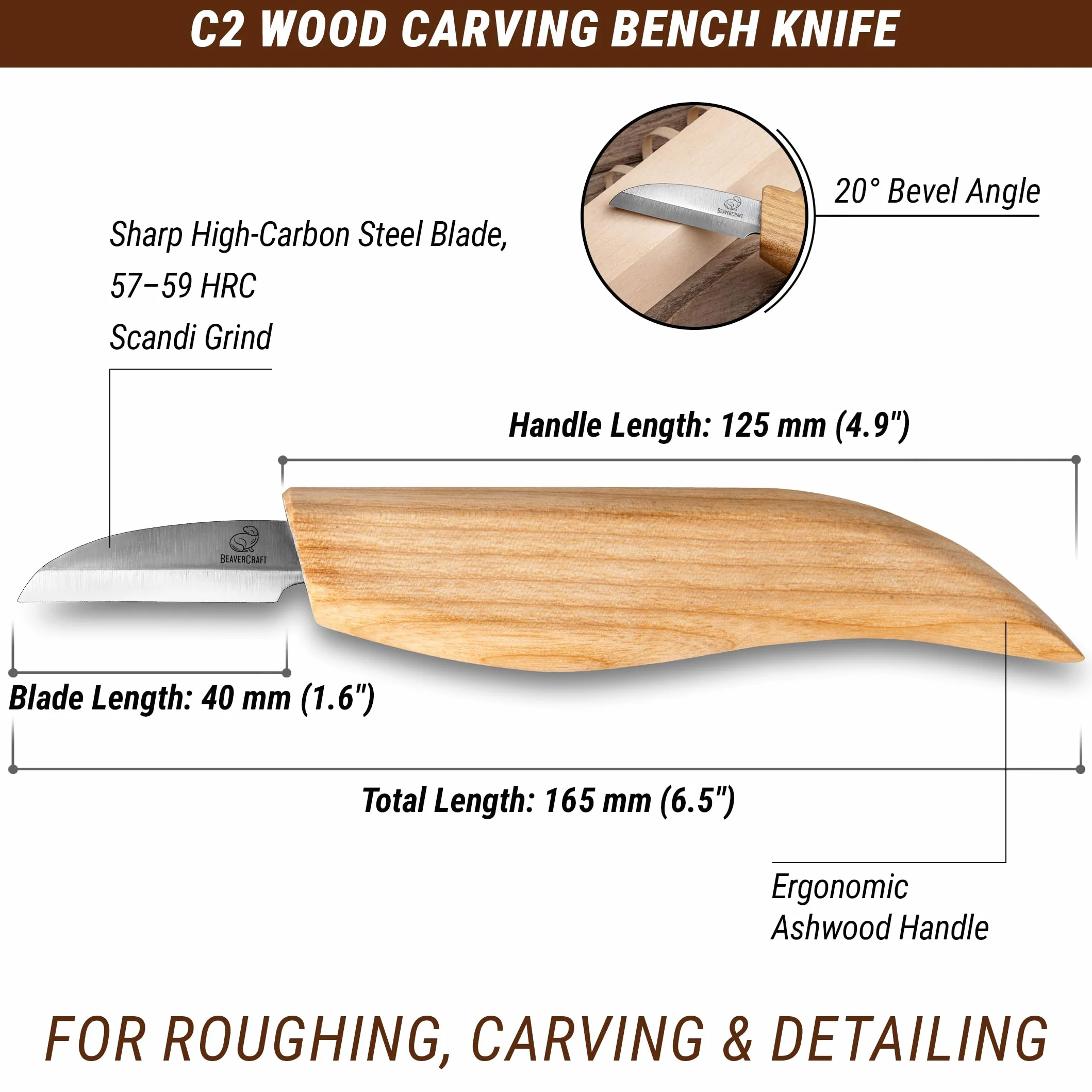 BeaverCraft Nóż do rzeźbienia w drewnie C2 40 mm - Nóż do rzeźbienia w drewnie do zastosowań ogólnych - Noże do rzeźbienia w drewnie stal węglowa - Narzędzia do rzeźbienia w drewnie dla początkujących