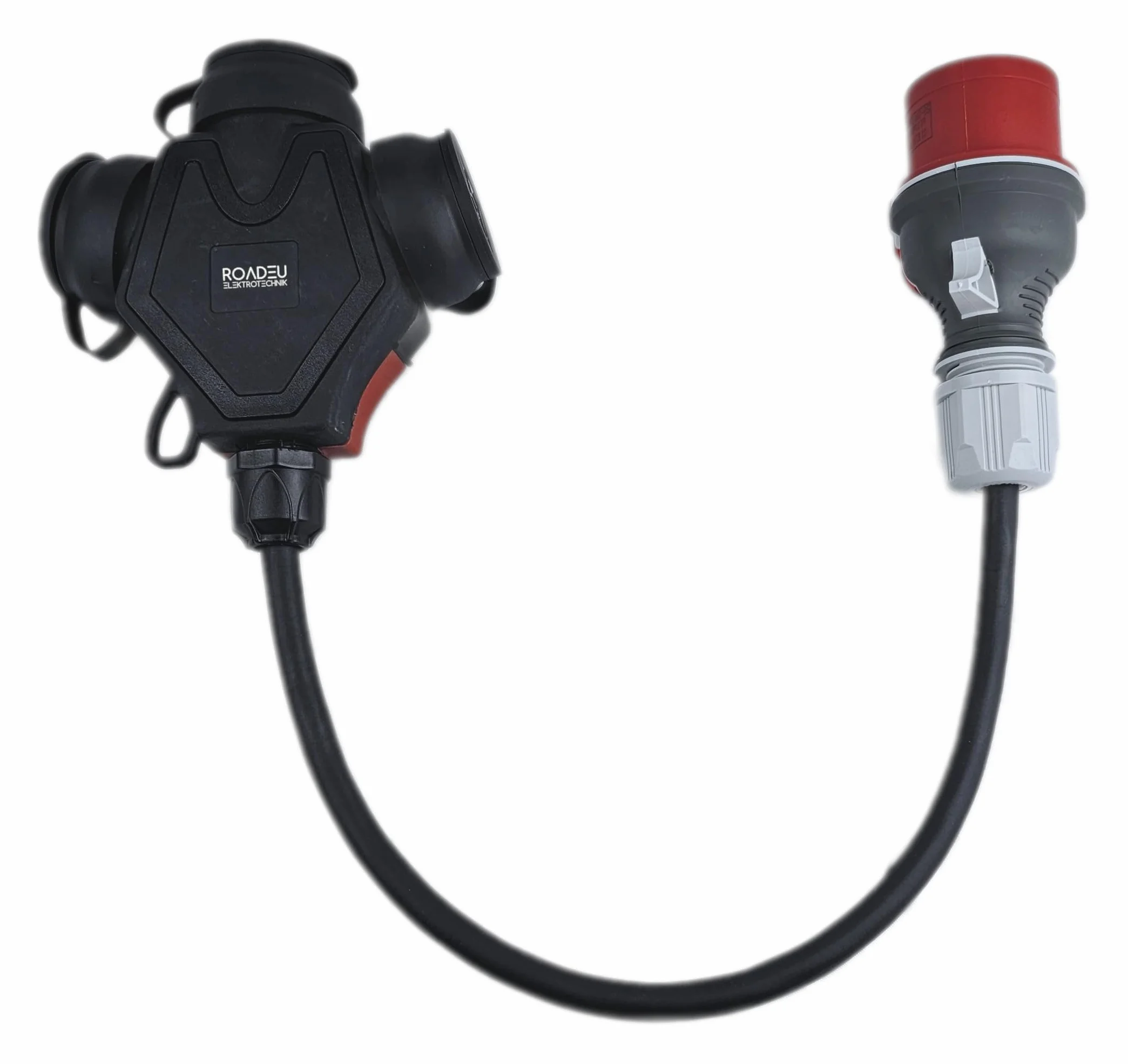 RoadEu Adapter przemysłowy przedłużający 0,5 m, adapter CEE 16A 380V do 220V z 3 gniazdami 230 V, przewód gumowy 5 x 2,5 mm², idealny do garażu, szopy lub fabryki