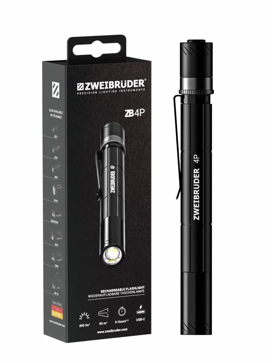 Zweibrüder ZB4P lampa długopisowa, latarka 400 lumenów – kompaktowa mini latarka LED z regulacją ostrości, Dual Functional Optic, ładowana przez USB-C, idealna na co dzień i outdoor