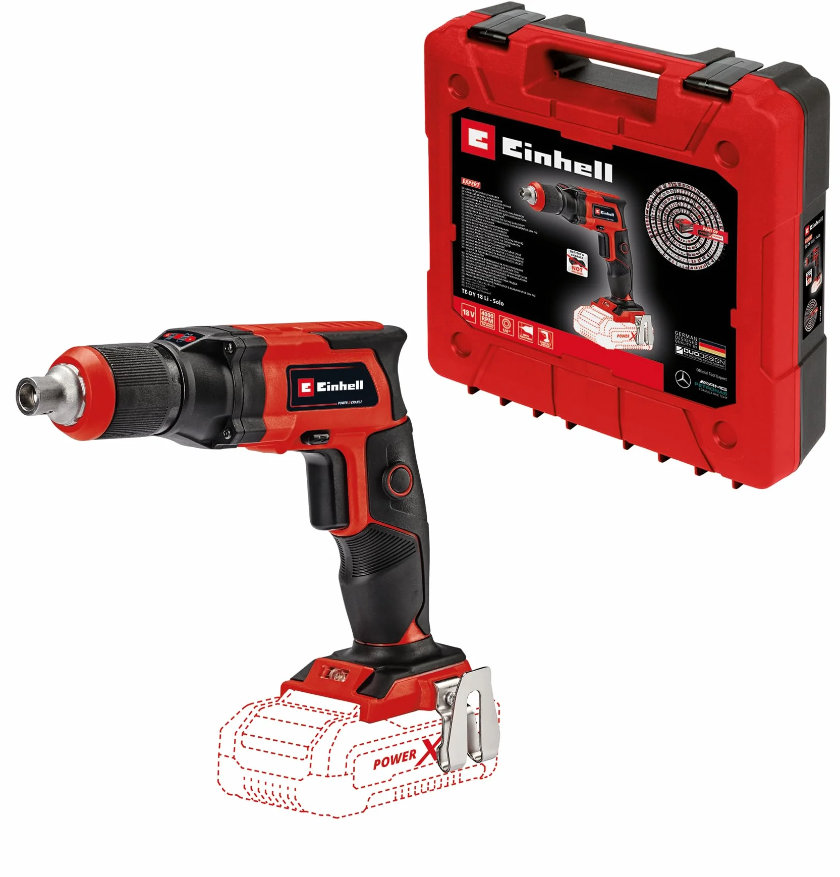 Einhell Akumulatorowa wkrętarka do płyt gipsowych TE-DY 18 Li-Solo Power X-Change (Li-ion, 18 V, 4000 min-1, ogranicznik głębokości, praca ciągła, bez akumulatora i ładowarki, w tym kuferek E-Box S35)