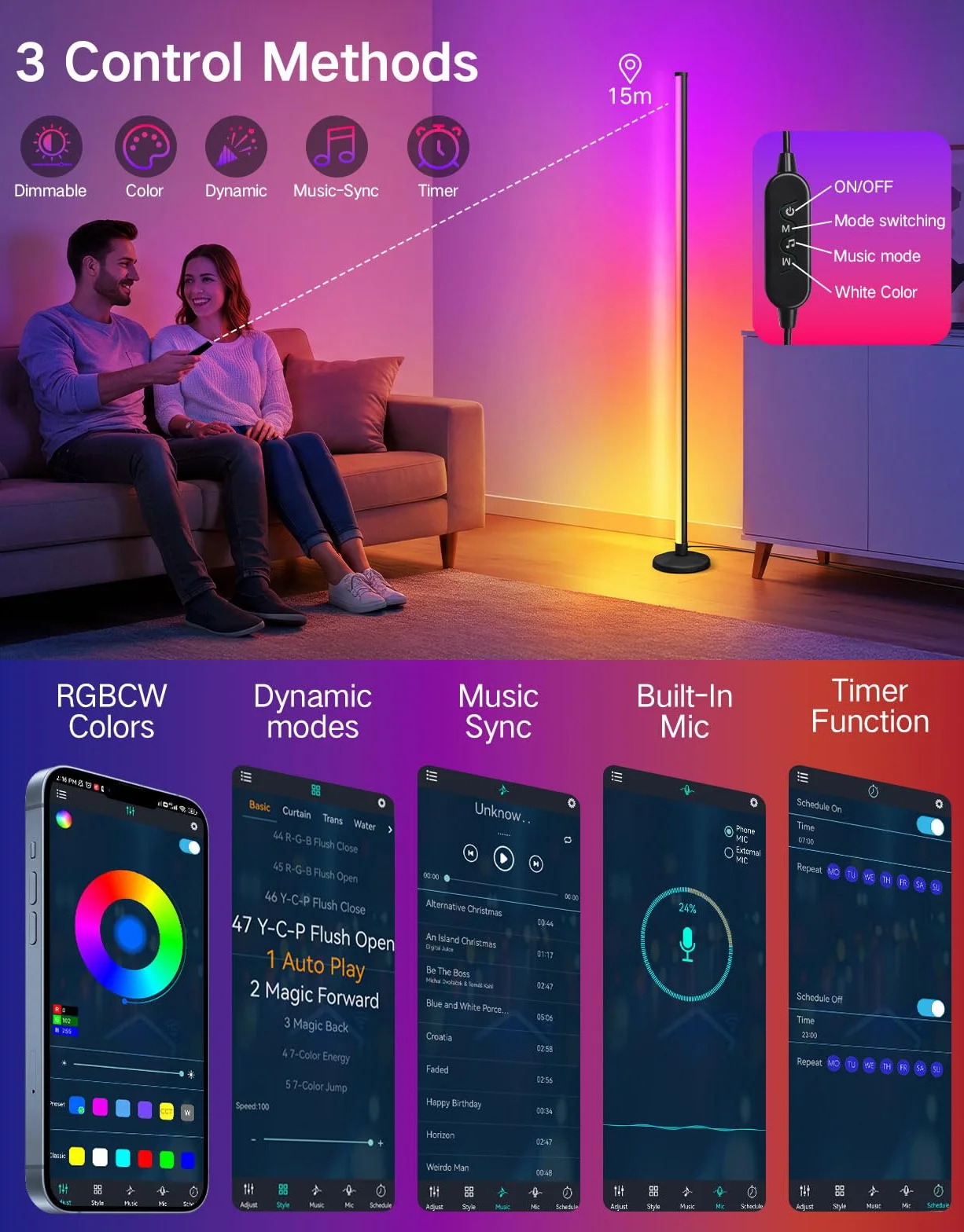OUTON RGBICW lampa stojąca LED, 2 sztuki, ściemniana | lampa stojąca z pilotem zdalnego sterowania, sterowanie aplikacją, synchronizacja muzyki, lampa stojąca do salonu, do gier